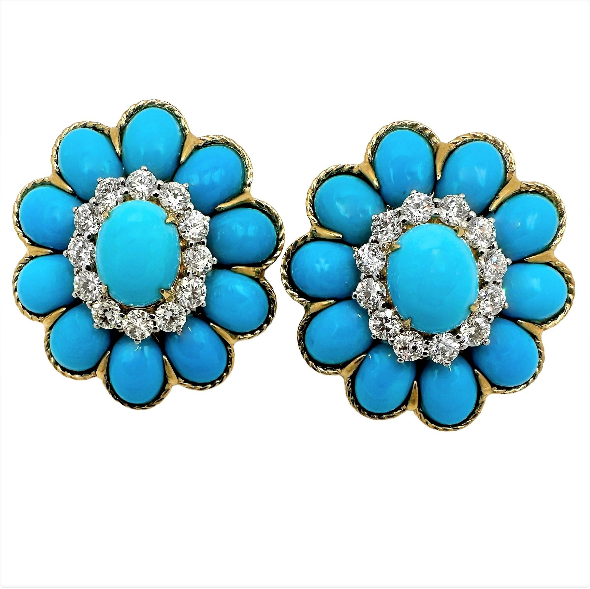 This wonderful pair of Late-20th Century 18K yellow gold cocktail earrings are absolutely perfect in size, quality, and in the generous use of the highest quality materials. Turquoise cabochon centers are surrounded by a total of 24 brilliant cut