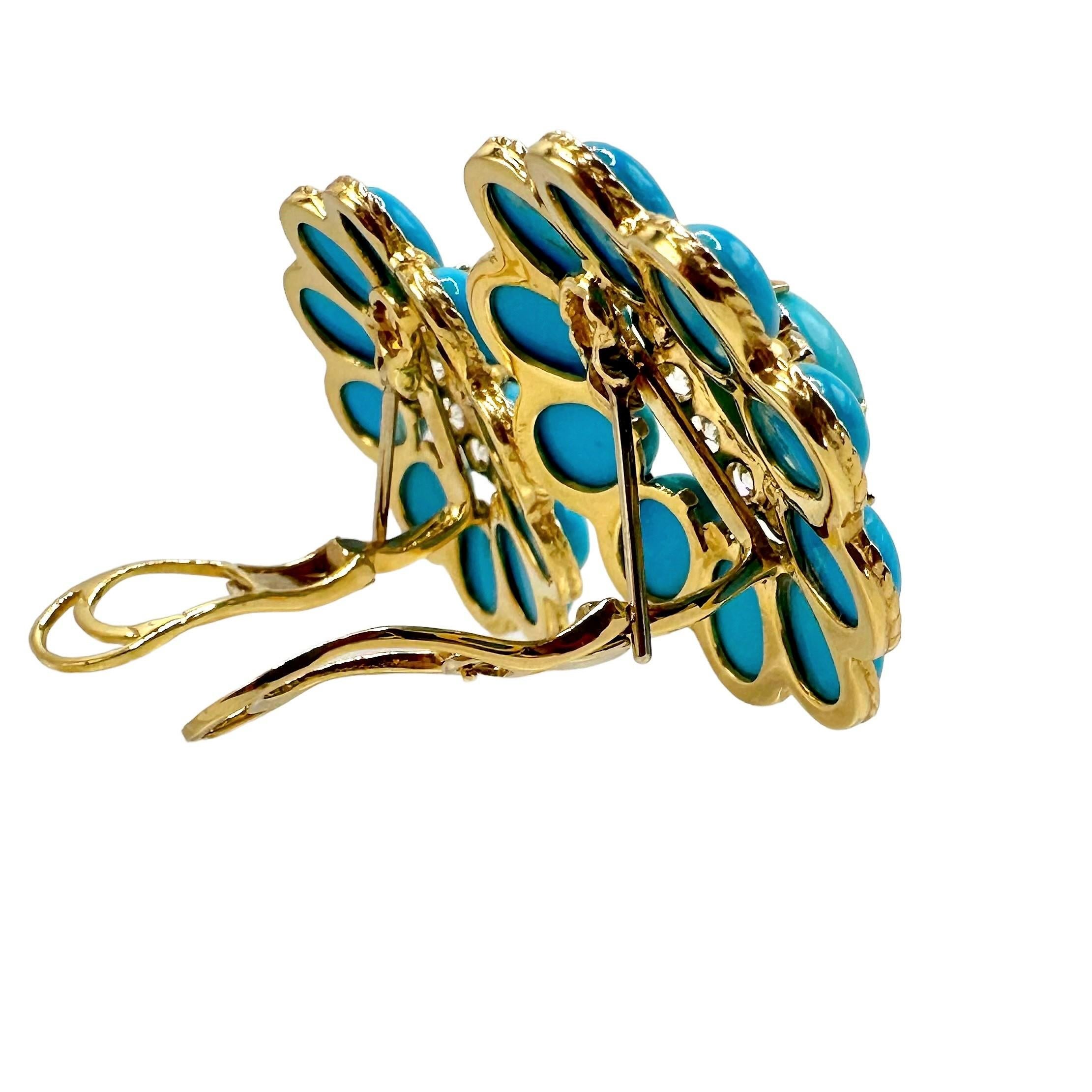Modern Striking 18K Yellow Gold Vintage Turquoise and Diamond Earrings For Sale