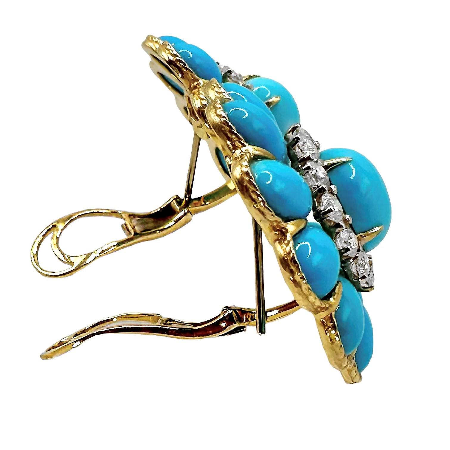 Brilliant Cut Striking 18K Yellow Gold Vintage Turquoise and Diamond Earrings For Sale