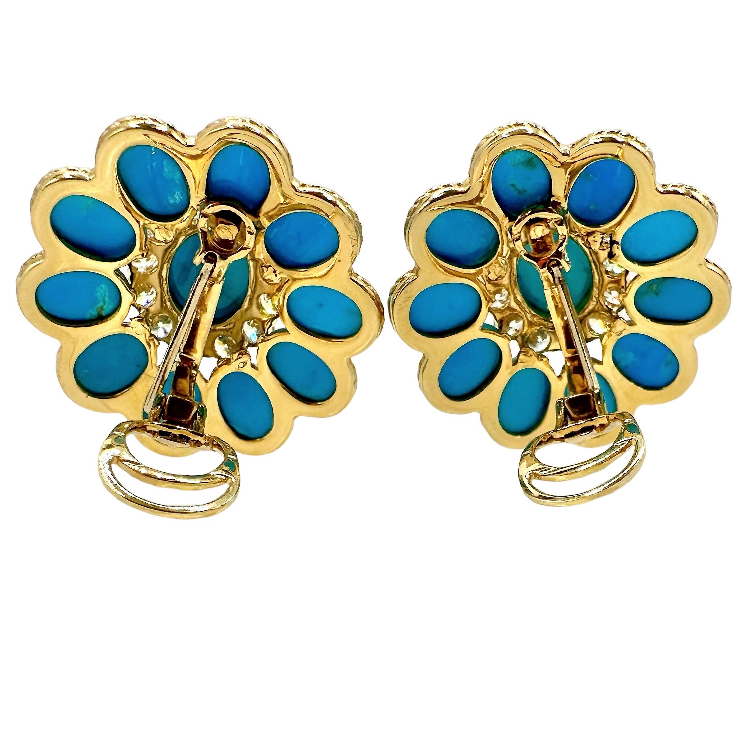 Striking 18K Yellow Gold Vintage Turquoise and Diamond Earrings In Good Condition For Sale In Palm Beach, FL