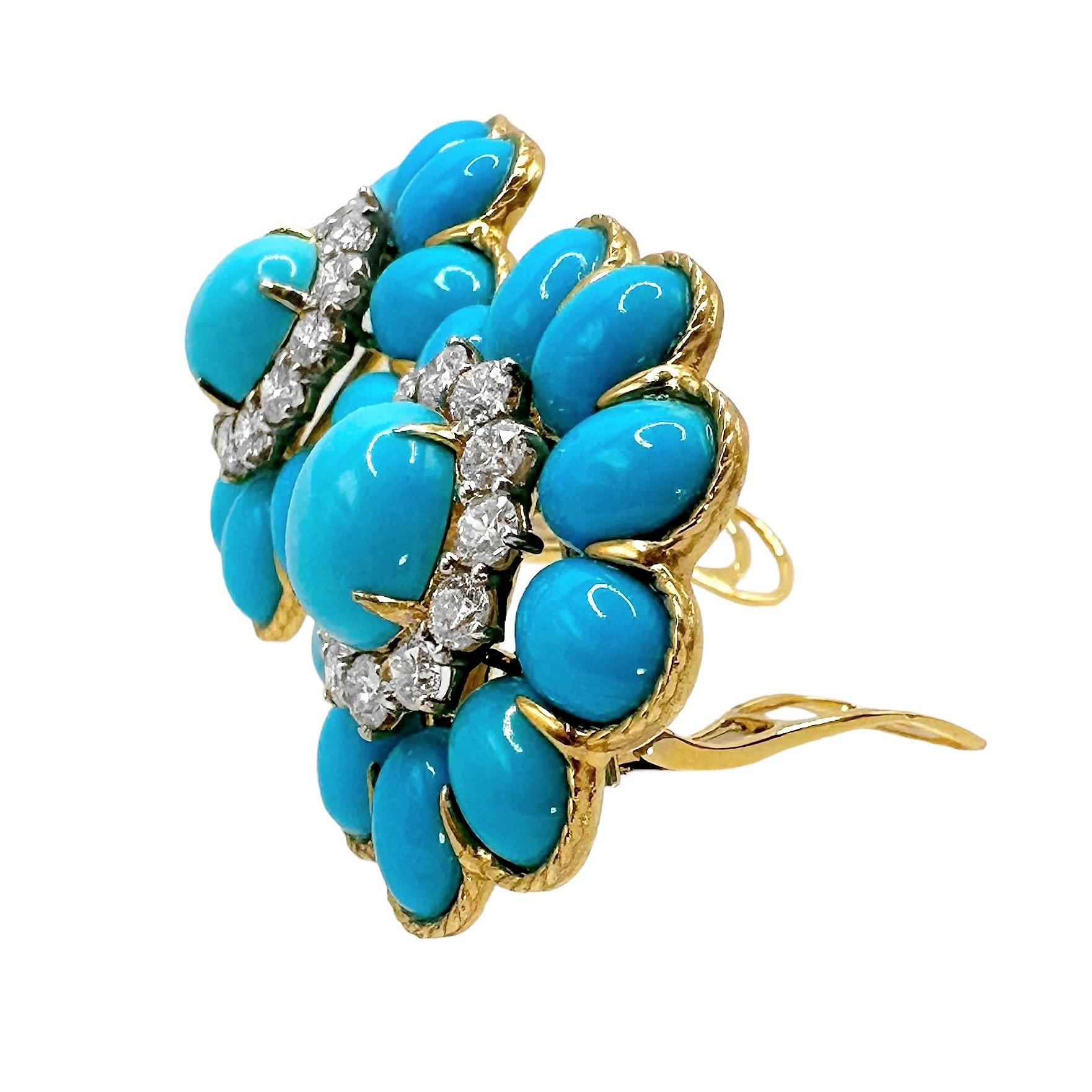 Women's Striking 18K Yellow Gold Vintage Turquoise and Diamond Earrings For Sale