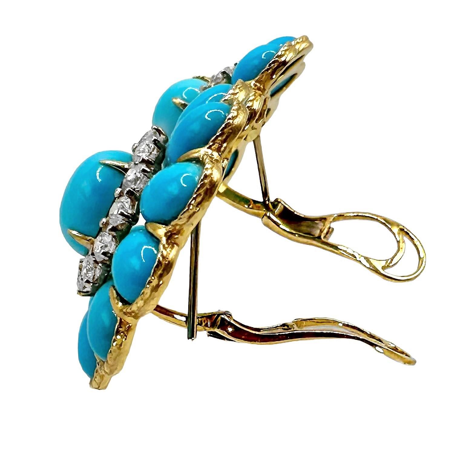 Striking 18K Yellow Gold Vintage Turquoise and Diamond Earrings For Sale 1