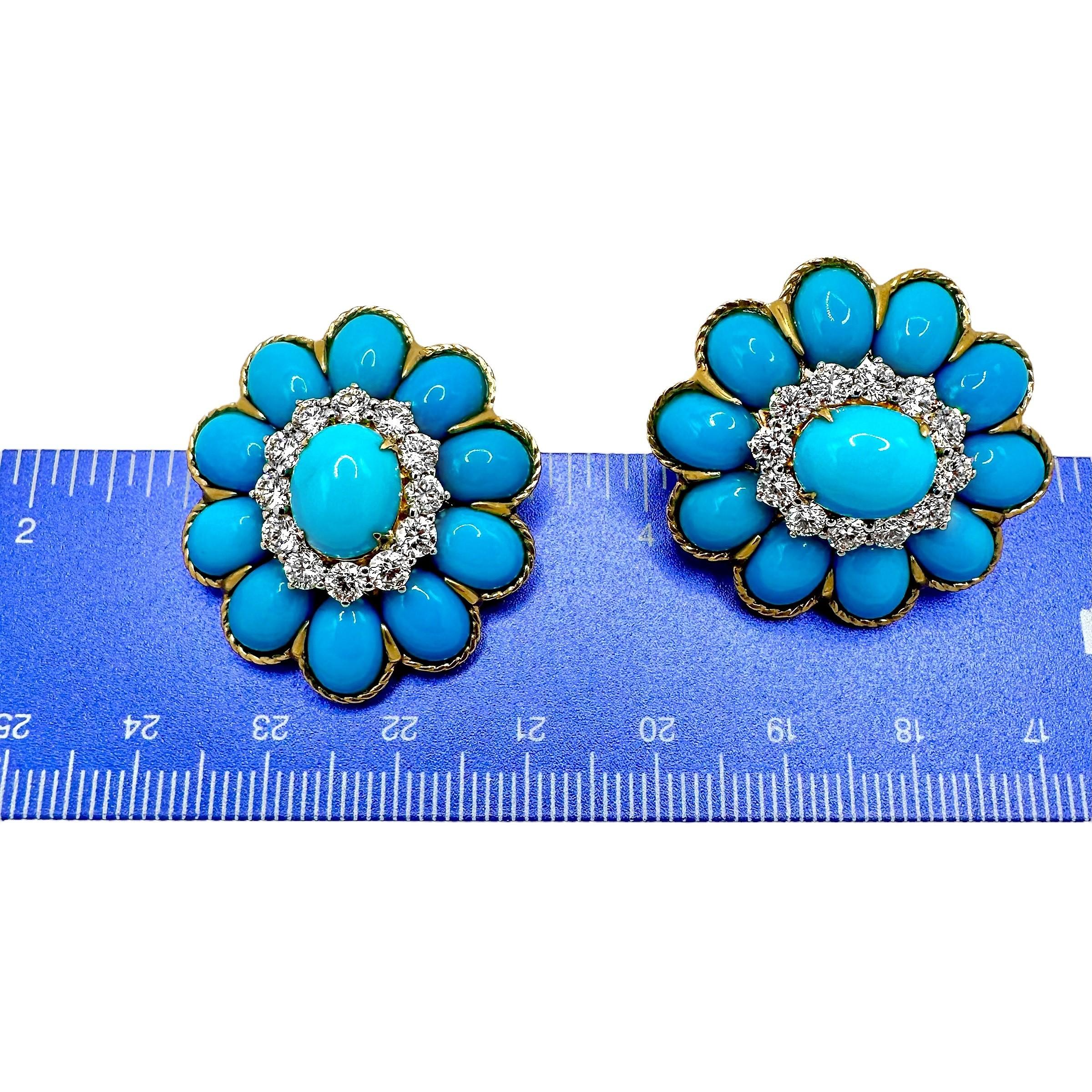 Striking 18K Yellow Gold Vintage Turquoise and Diamond Earrings For Sale 2