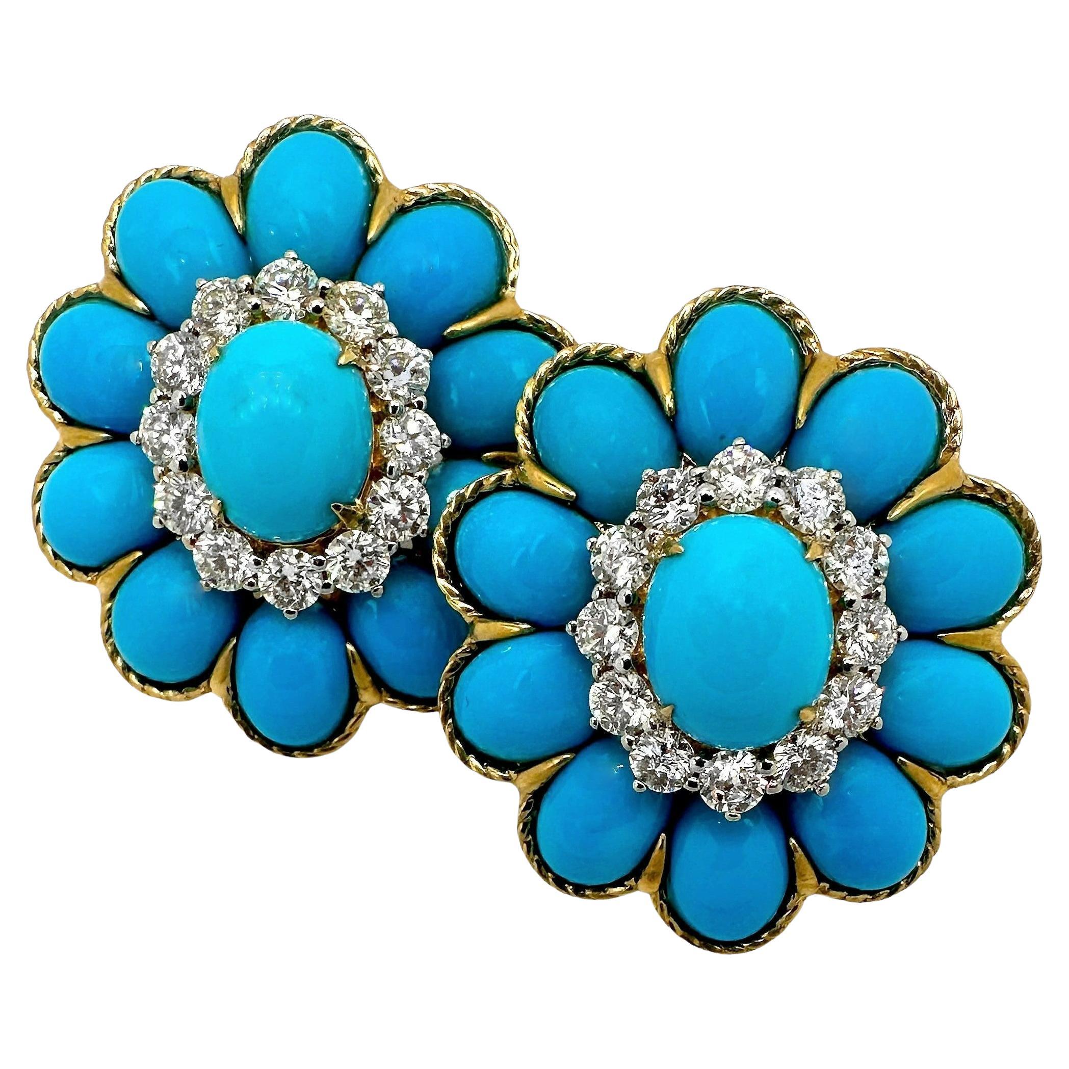 Striking 18K Yellow Gold Vintage Turquoise and Diamond Earrings For Sale