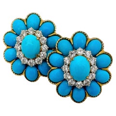 Striking 18K Yellow Gold Vintage Turquoise and Diamond Earrings