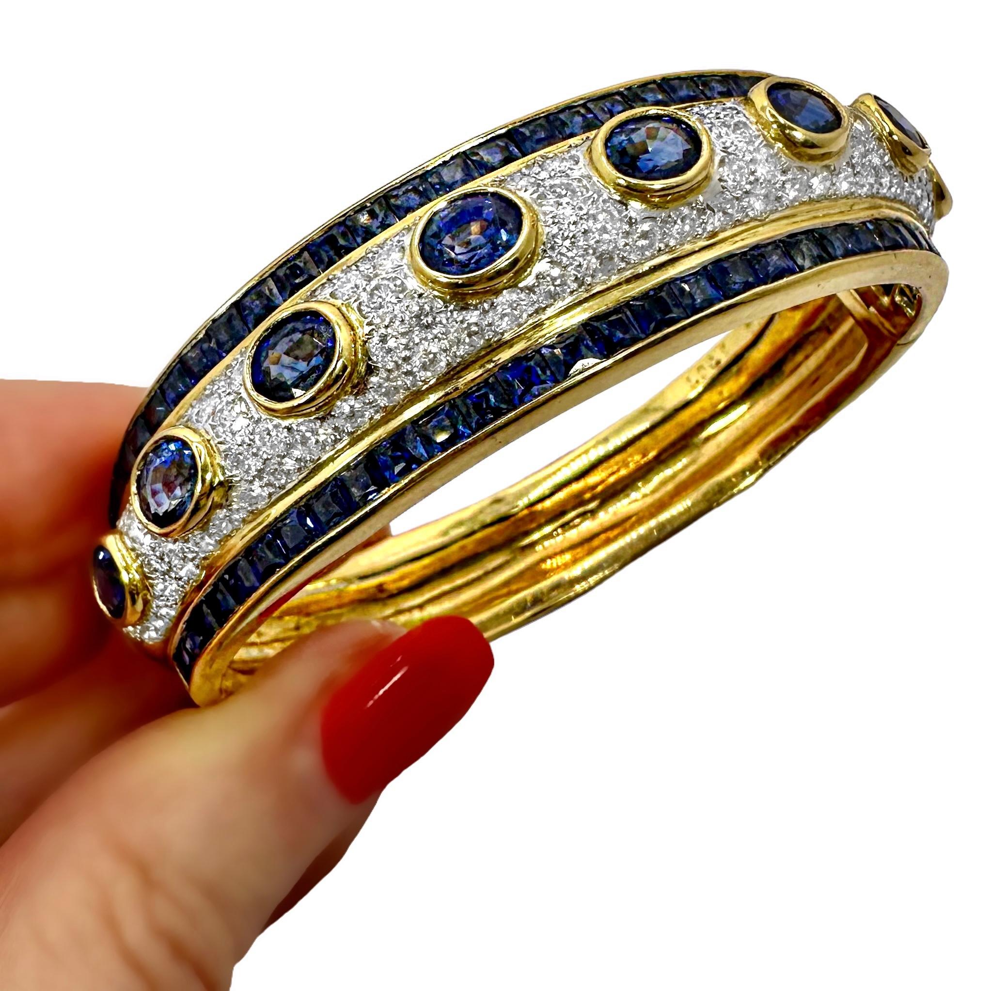 Striking 18K Yellow & White Gold Diamond & Sapphire Encrusted Cuff Bracelet For Sale 4