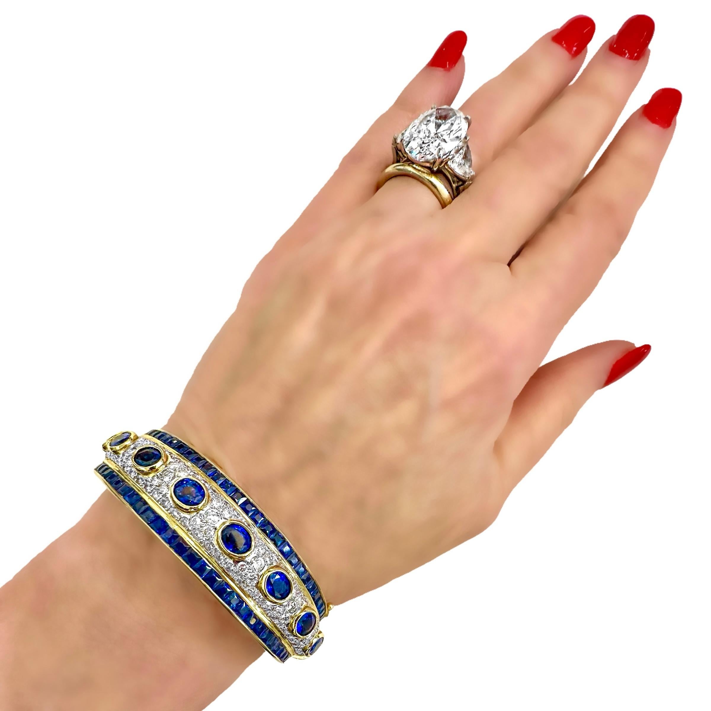 Striking 18K Yellow & White Gold Diamond & Sapphire Encrusted Cuff Bracelet For Sale 5