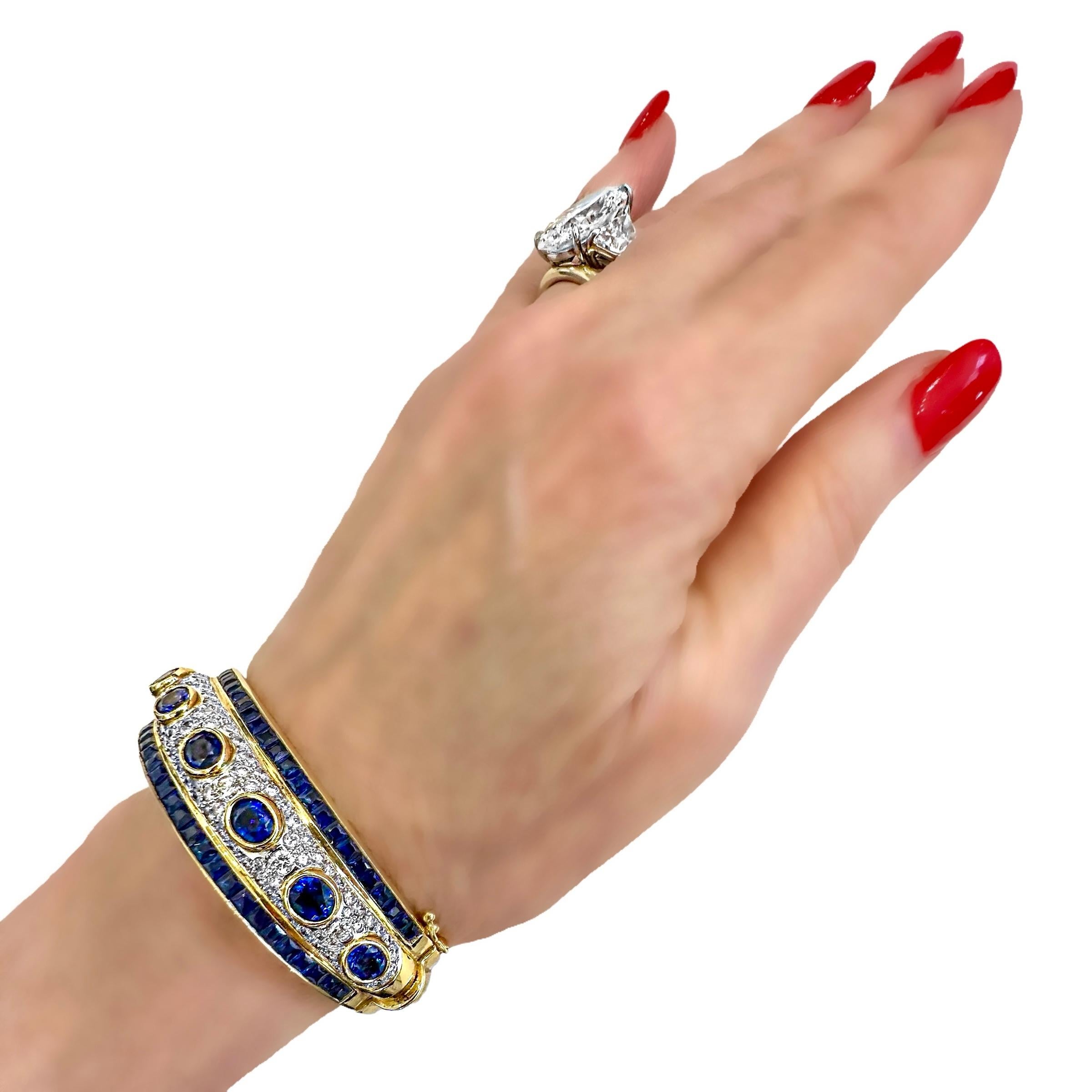 Striking 18K Yellow & White Gold Diamond & Sapphire Encrusted Cuff Bracelet For Sale 6