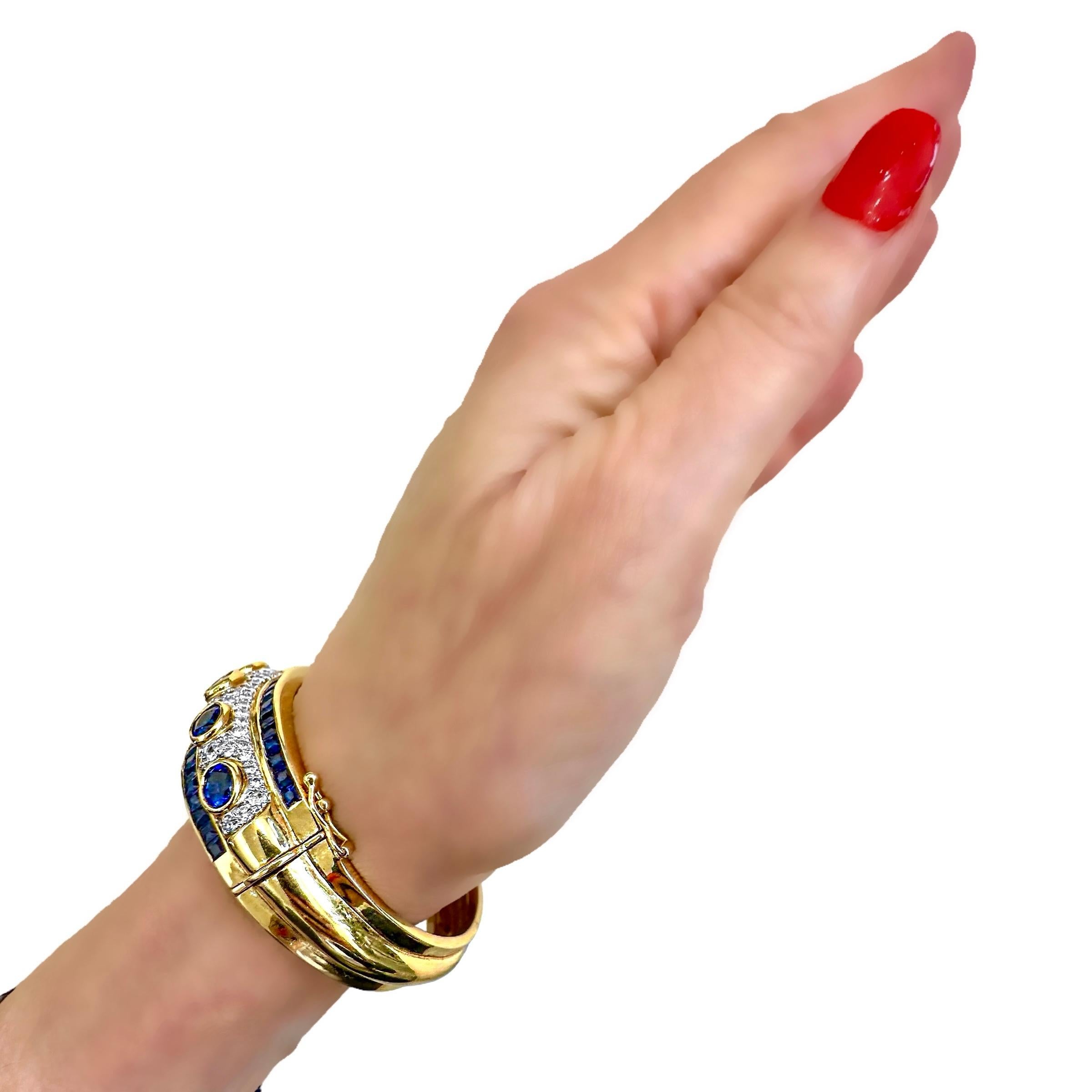 Striking 18K Yellow & White Gold Diamond & Sapphire Encrusted Cuff Bracelet For Sale 7