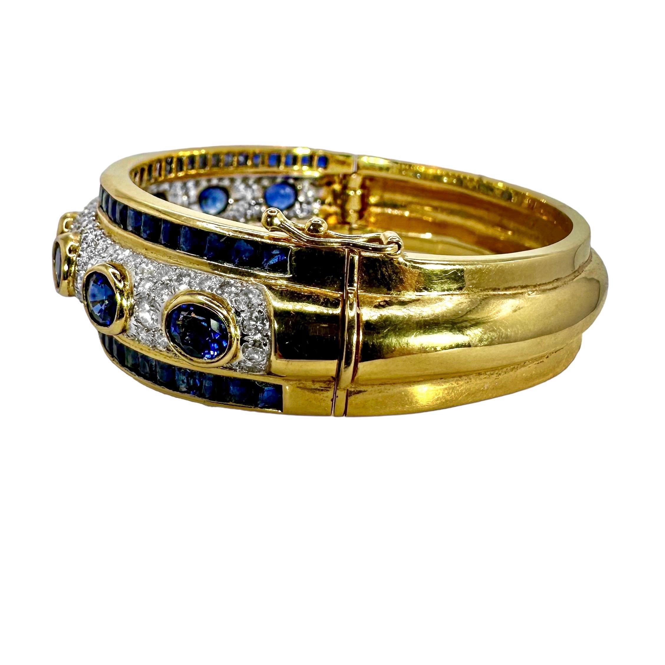 Modern Striking 18K Yellow & White Gold Diamond & Sapphire Encrusted Cuff Bracelet For Sale