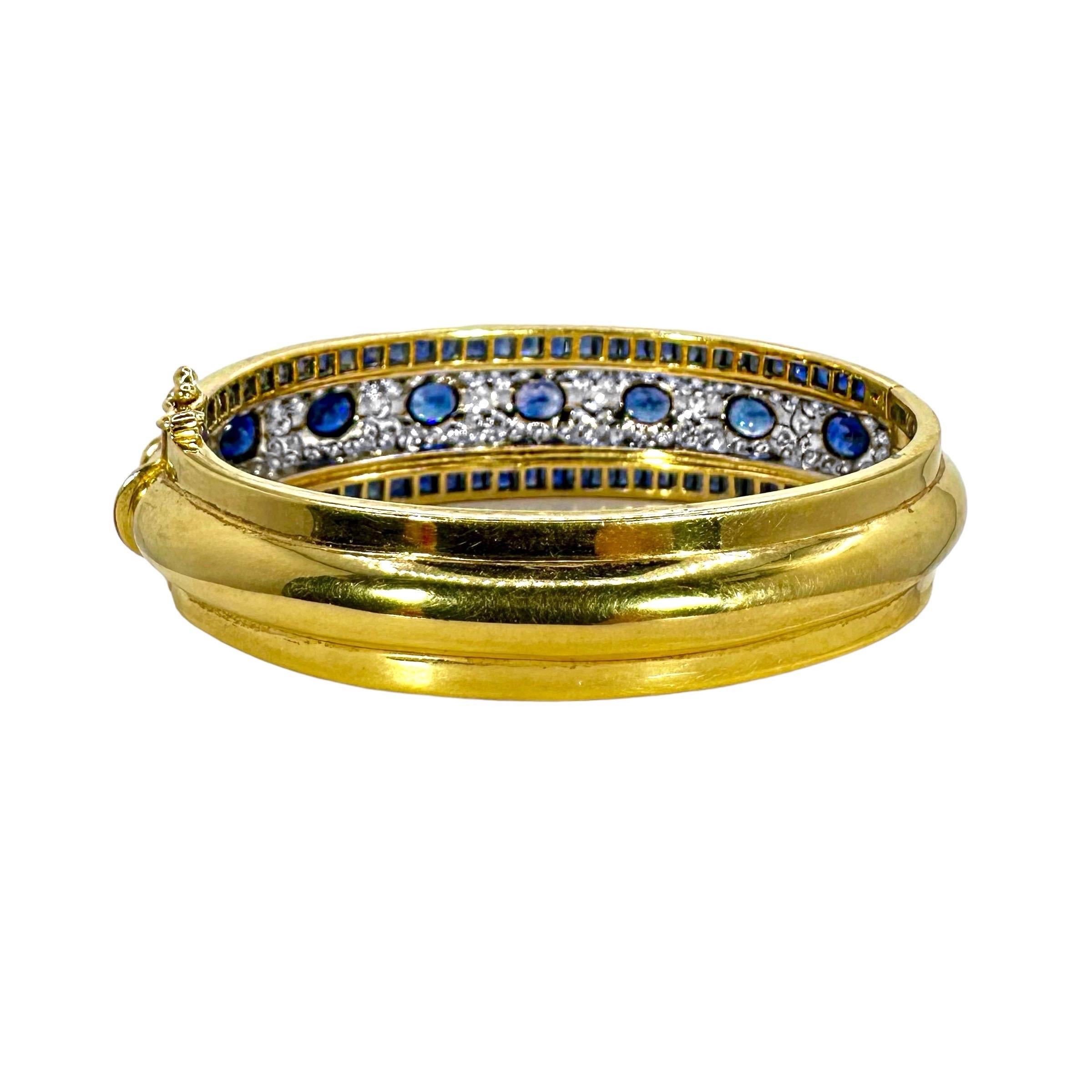 Brilliant Cut Striking 18K Yellow & White Gold Diamond & Sapphire Encrusted Cuff Bracelet For Sale