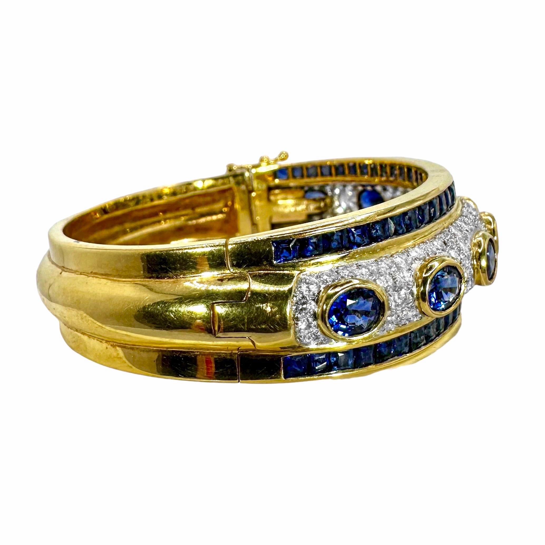 Striking 18K Yellow & White Gold Diamond & Sapphire Encrusted Cuff Bracelet In Good Condition For Sale In Palm Beach, FL