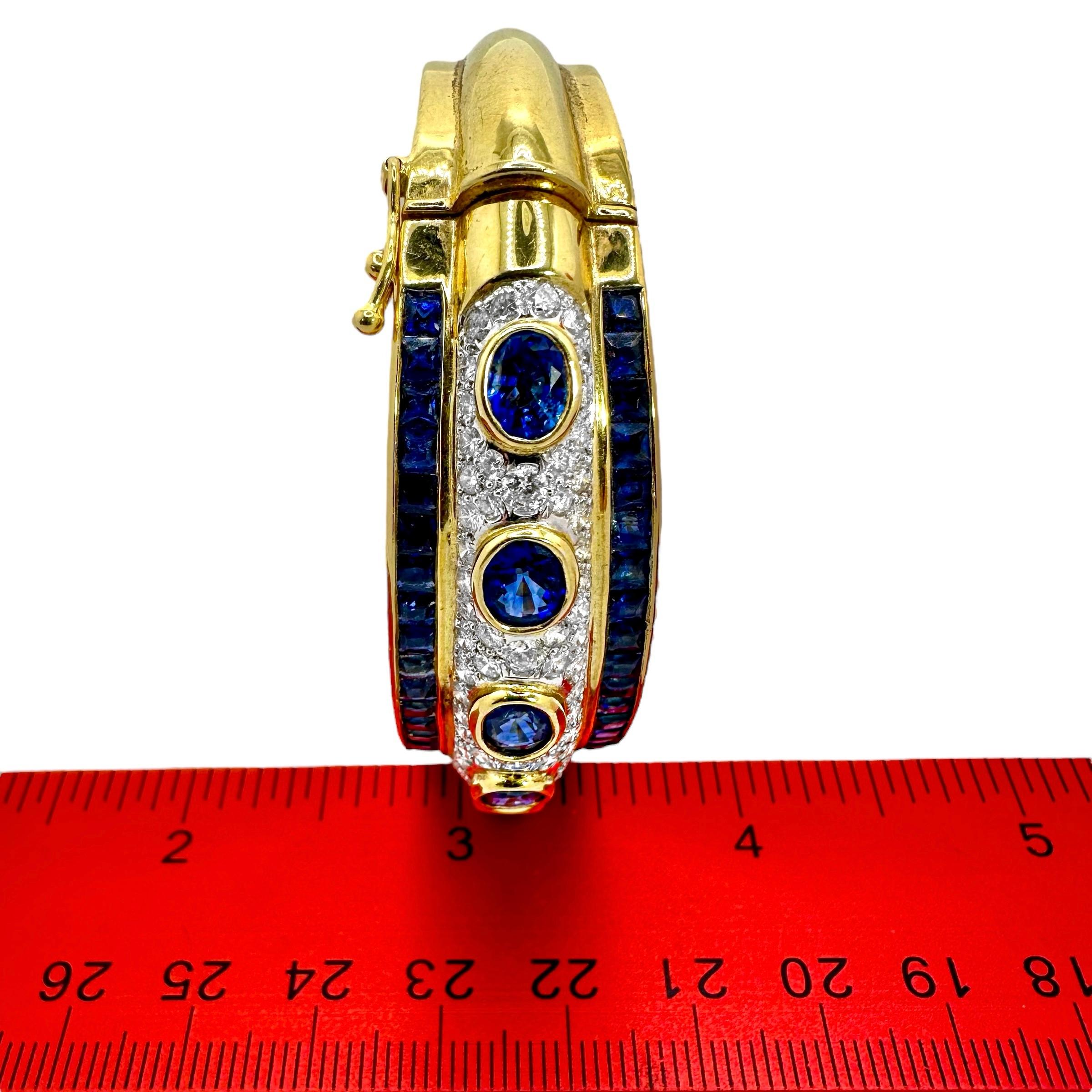 Striking 18K Yellow & White Gold Diamond & Sapphire Encrusted Cuff Bracelet For Sale 1