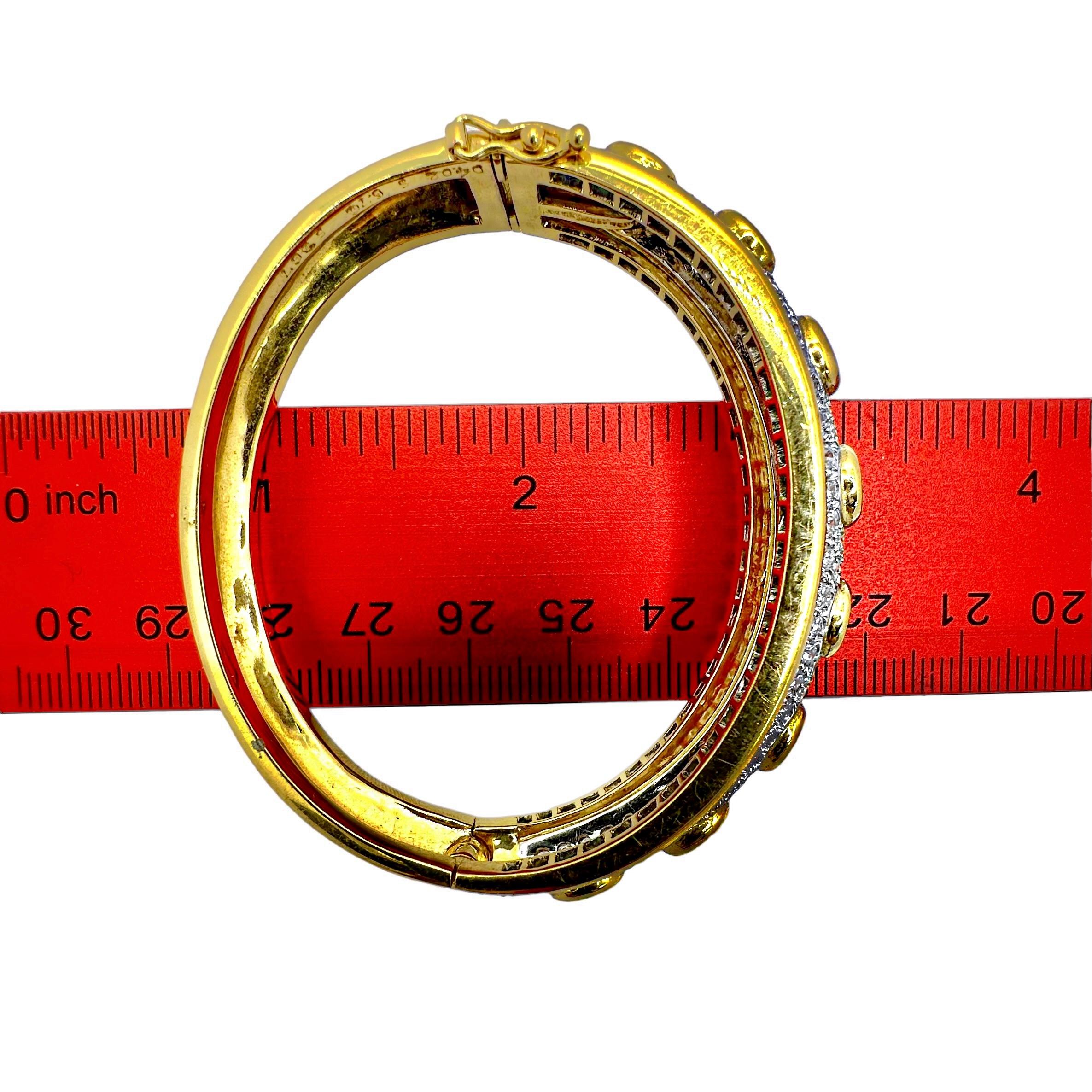 Striking 18K Yellow & White Gold Diamond & Sapphire Encrusted Cuff Bracelet For Sale 3