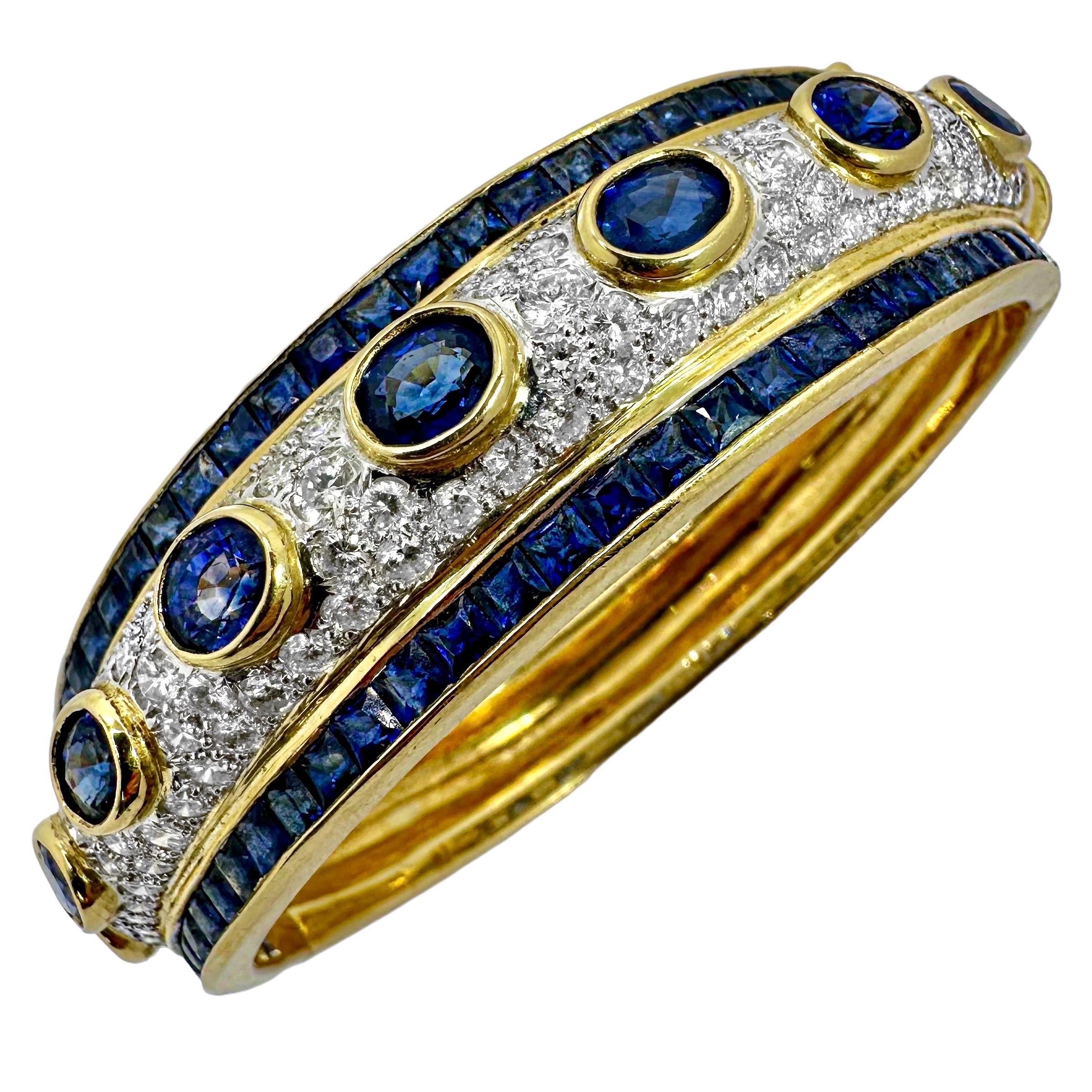 Striking 18K Yellow & White Gold Bombe' Diamond & Sapphire Cuff Bracelet