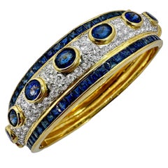 Vintage Striking 18K Yellow & White Gold Bombe' Diamond & Sapphire Cuff Bracelet 