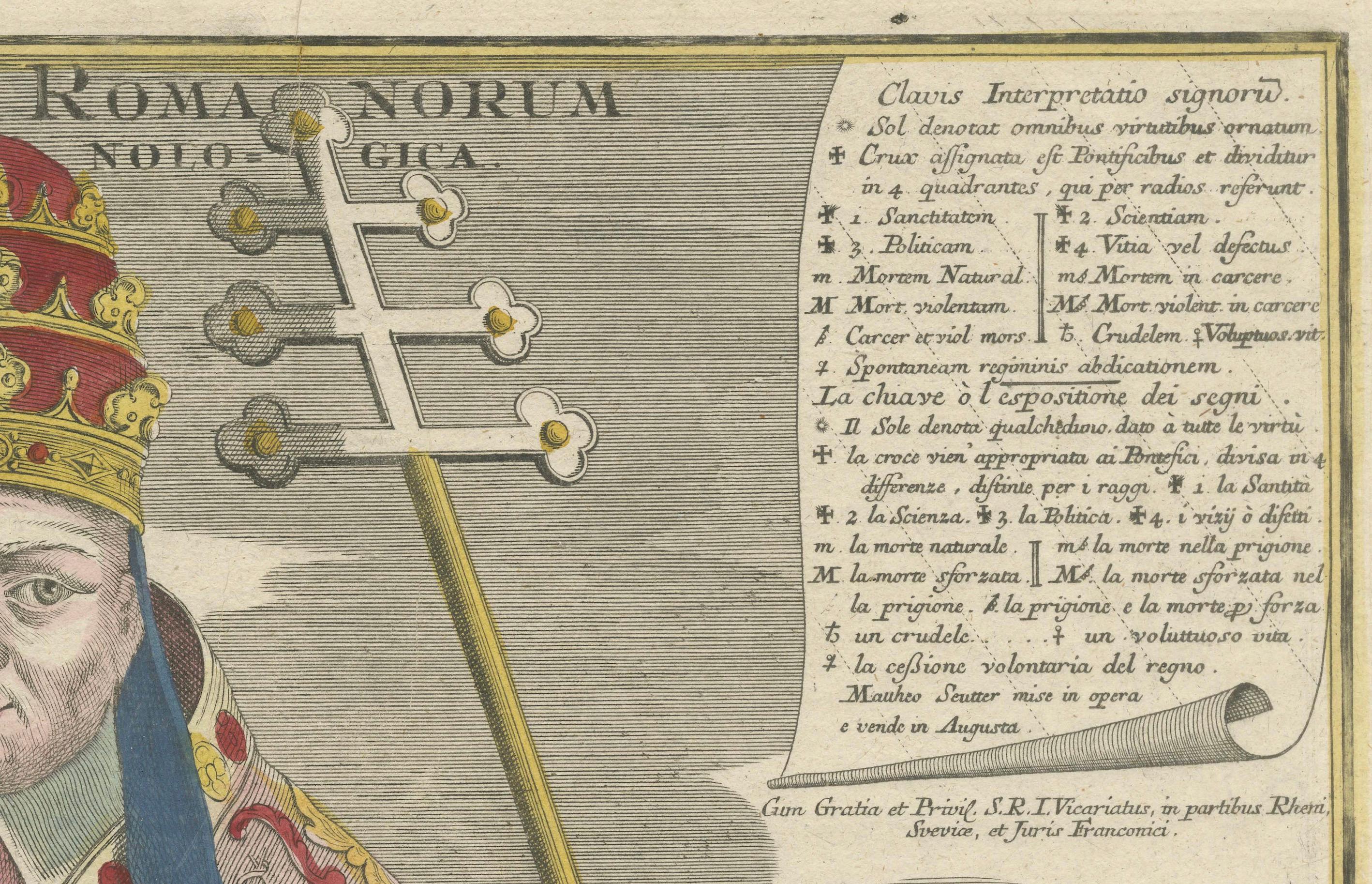 Title: Striking 18th-Century Engraving of Papal Chronology and Symbols of the Vatican  
 
This beautifully detailed 18th-century engraving, 'Pontificum Romanorum Series Chronologica', presents a richly symbolic depiction of the papacy. The central