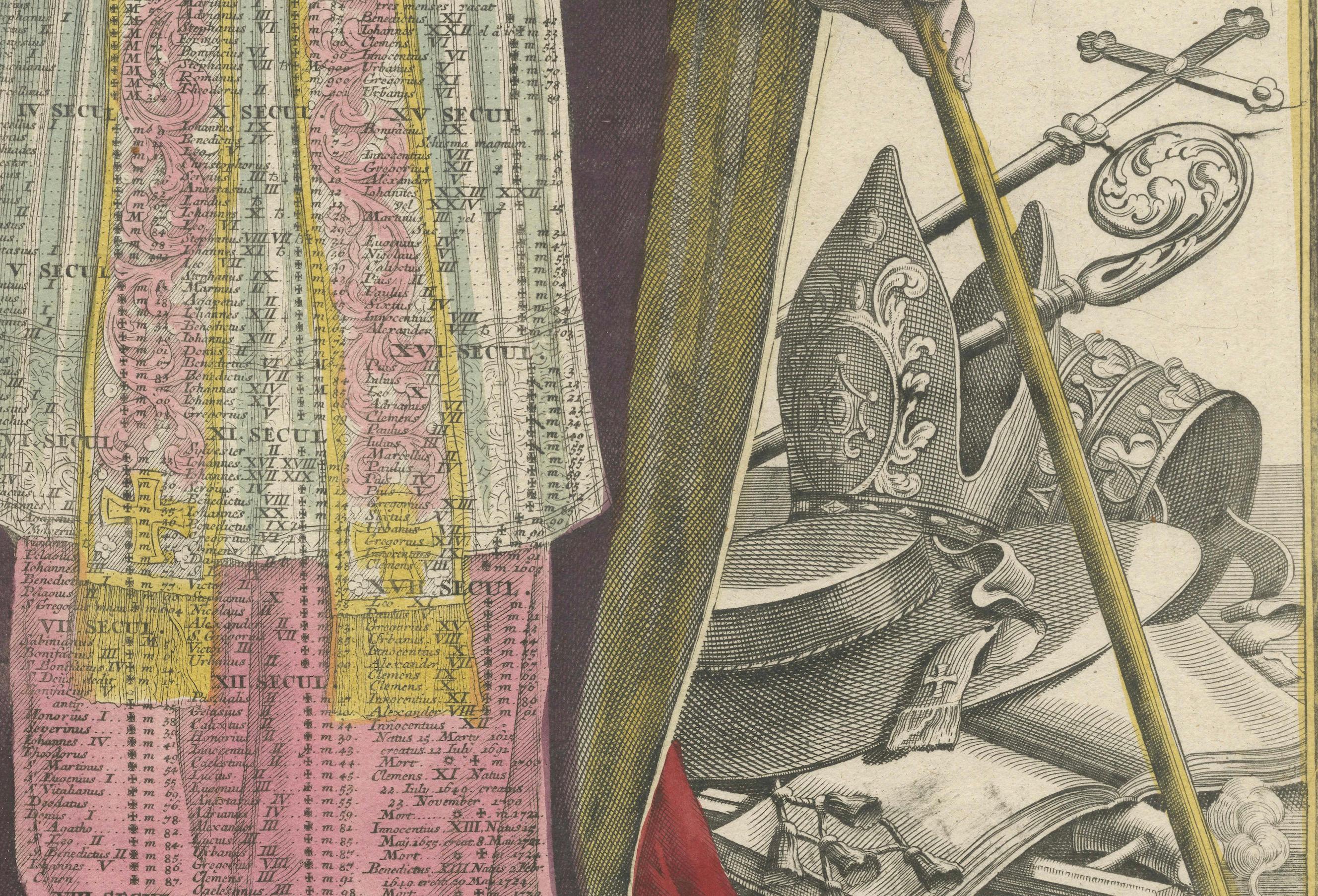 Engraved Striking 18th-Century Engraving of Papal Chronology and Symbols of the Vatican For Sale