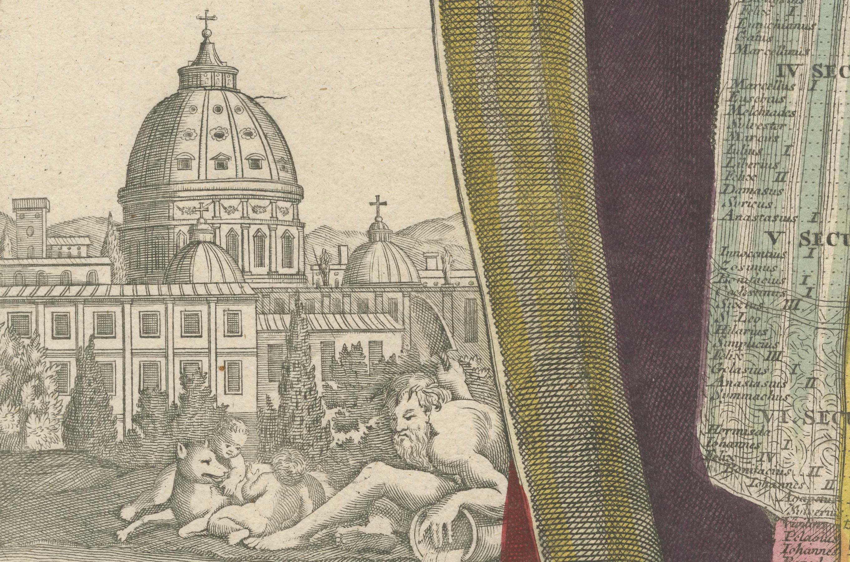 Striking 18th-Century Engraving of Papal Chronology and Symbols of the Vatican In Good Condition For Sale In Langweer, NL