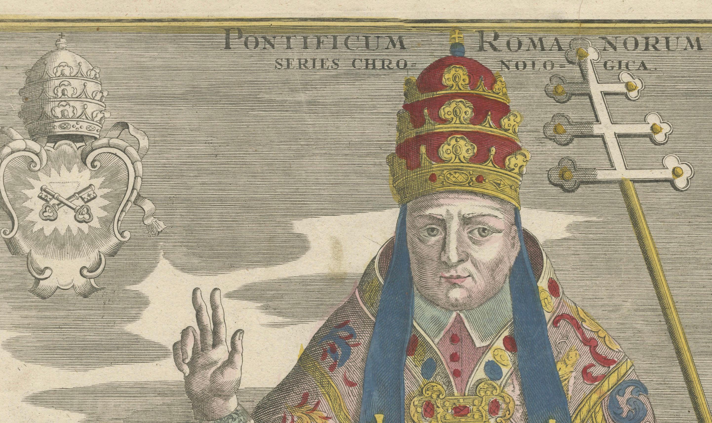 Striking 18th-Century Engraving of Papal Chronology and Symbols of the Vatican For Sale 1