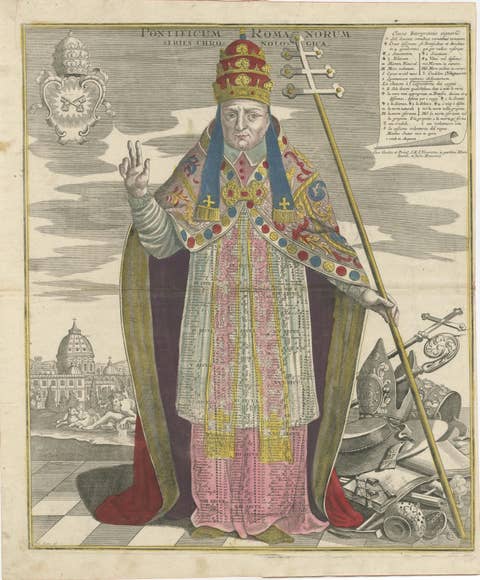 Striking 18th-Century Engraving of Papal Chronology and Symbols of the Vatican