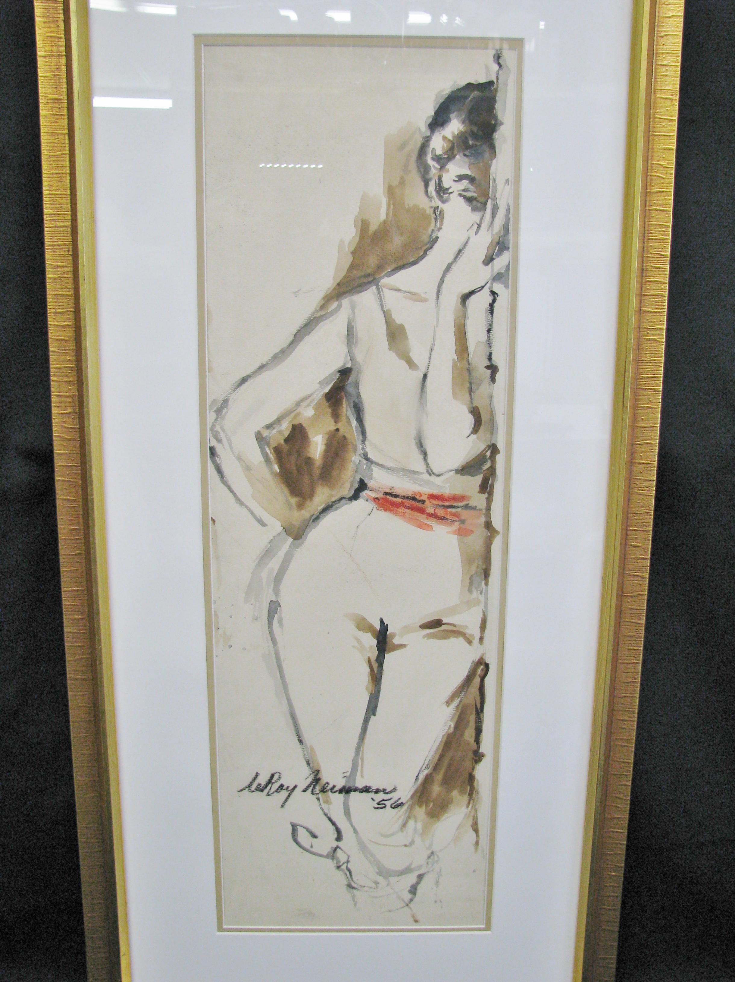 Exceptionally nice original watercolor by Leroy Neiman. Beautifully rendered woman peering around the side of a doorway. The cream, heavy textured paper stock perfectly sets off the muted palette - browns, charcoal and black. This, in turn, is the