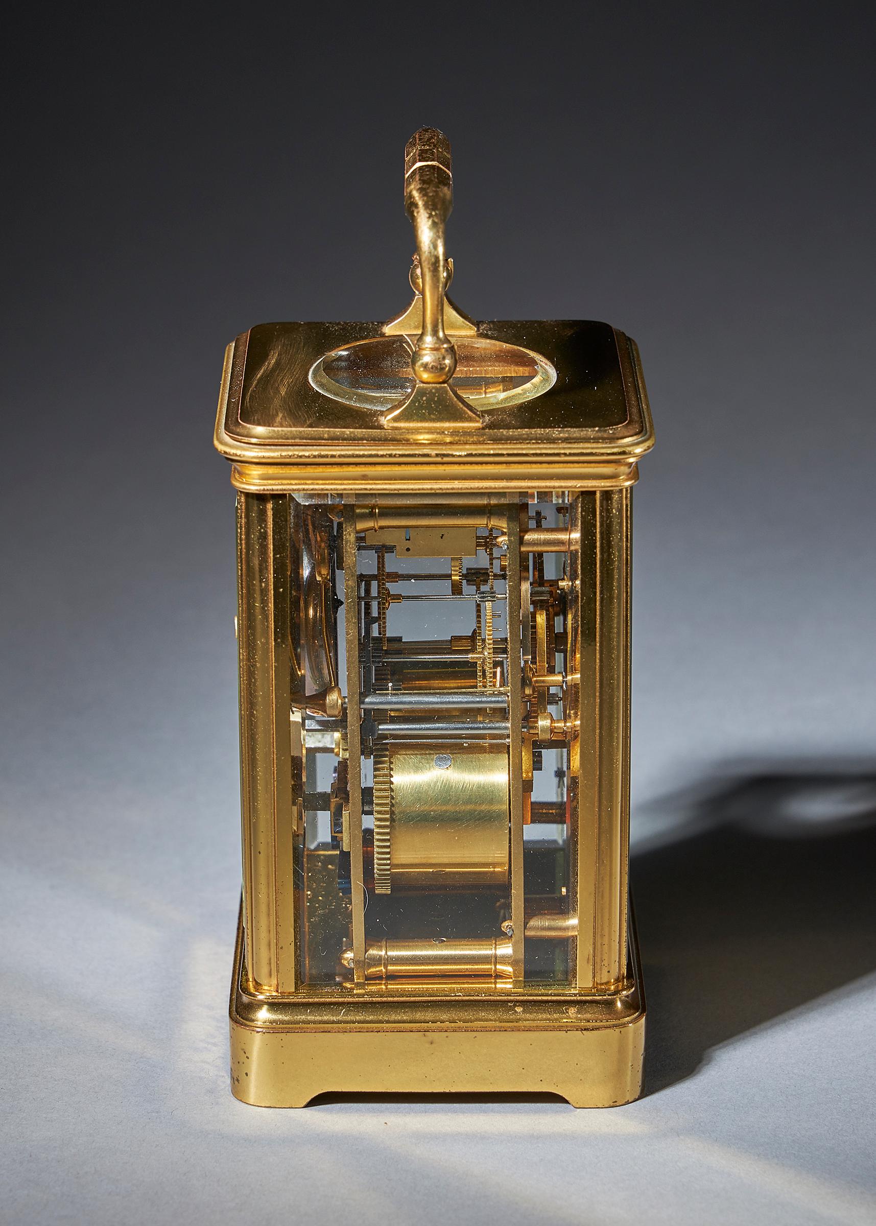 Neoclassical Striking 19th Century Carriage Clock with a Gilt-Brass Corniche Case by Grohé For Sale