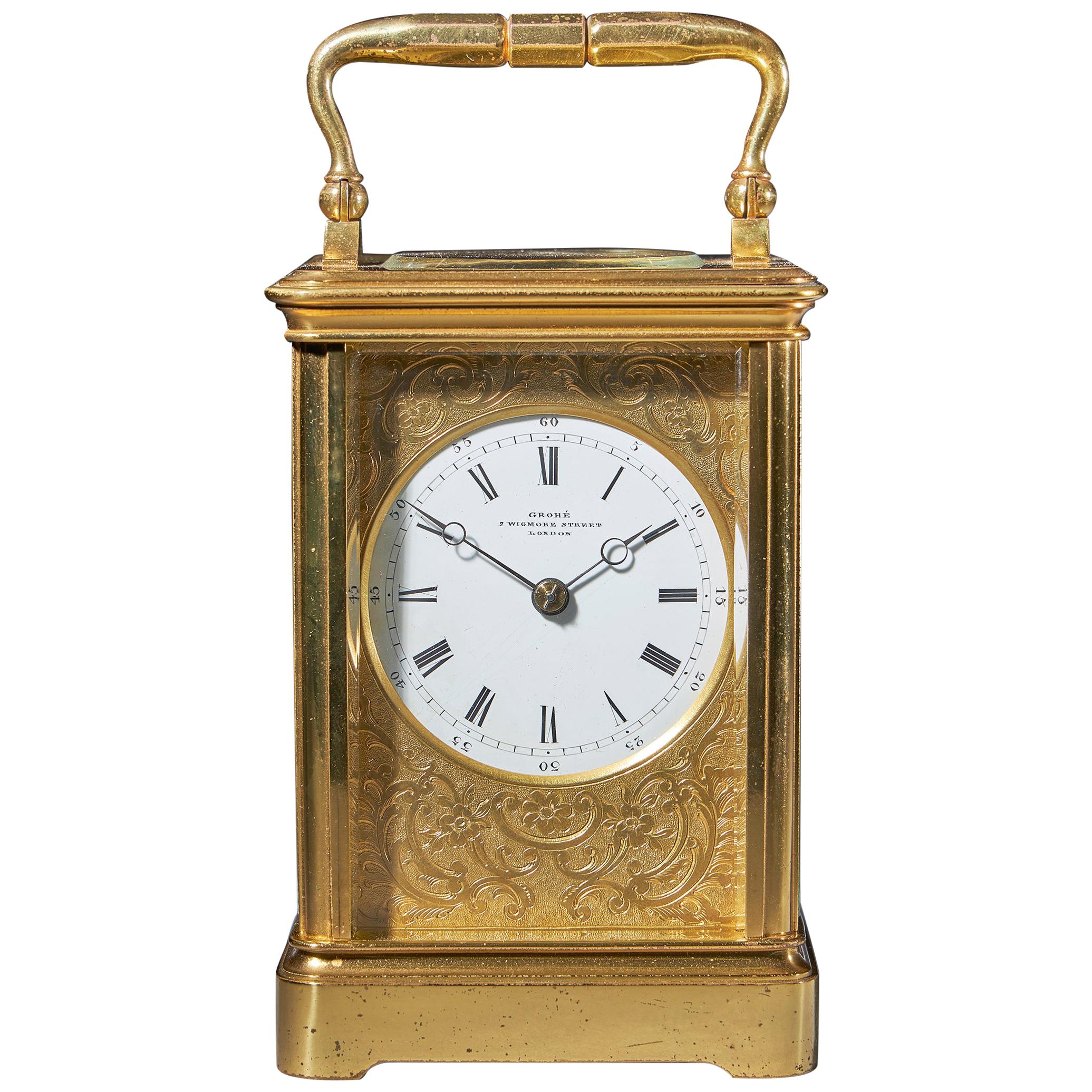 Striking 19th Century Carriage Clock with a Gilt-Brass Corniche Case by Grohé
