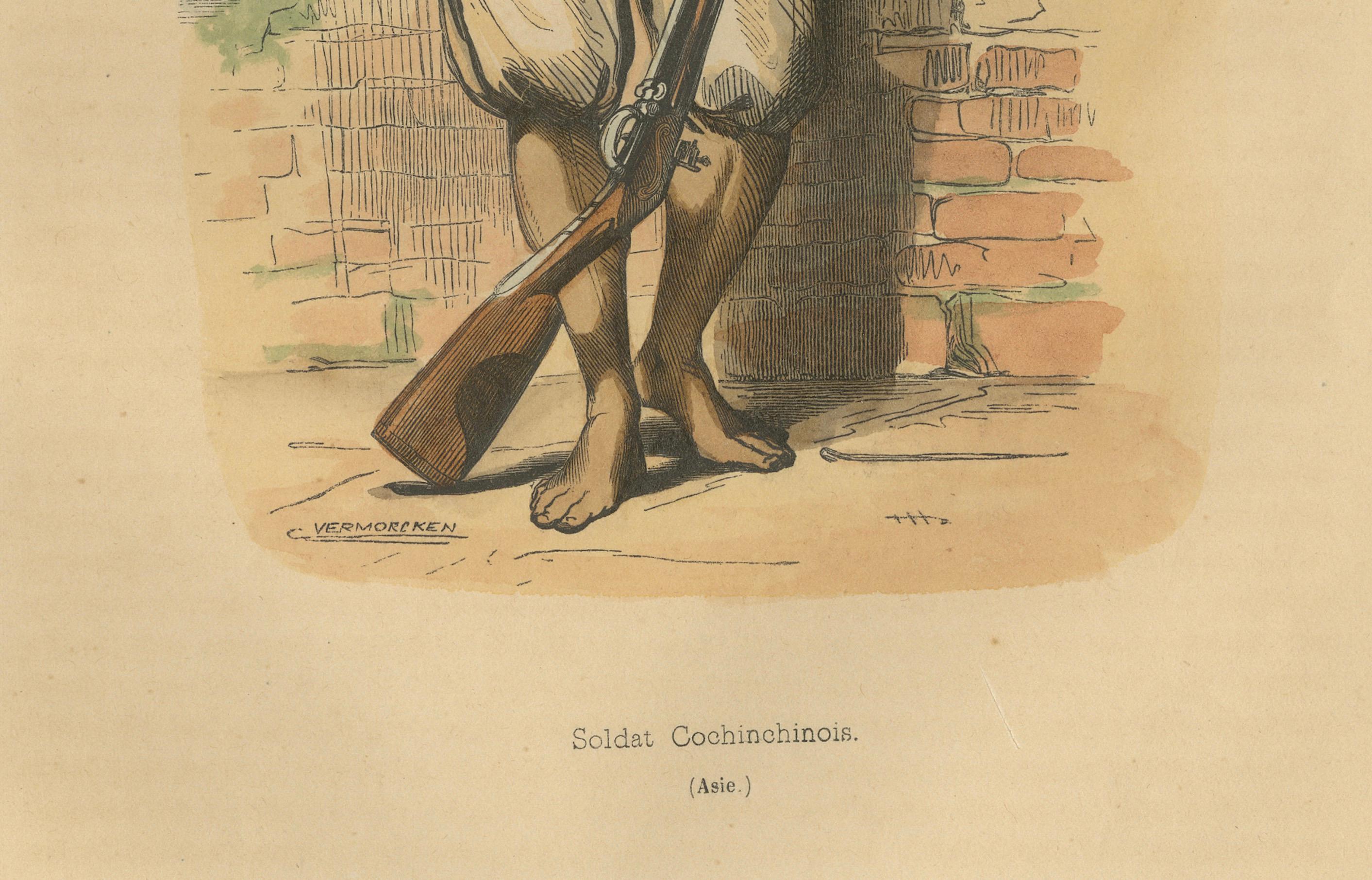 Remarquable lithographie d'un soldat de Cochin du 19e siècle par Auguste Wahlen Bon état - En vente à Langweer, NL