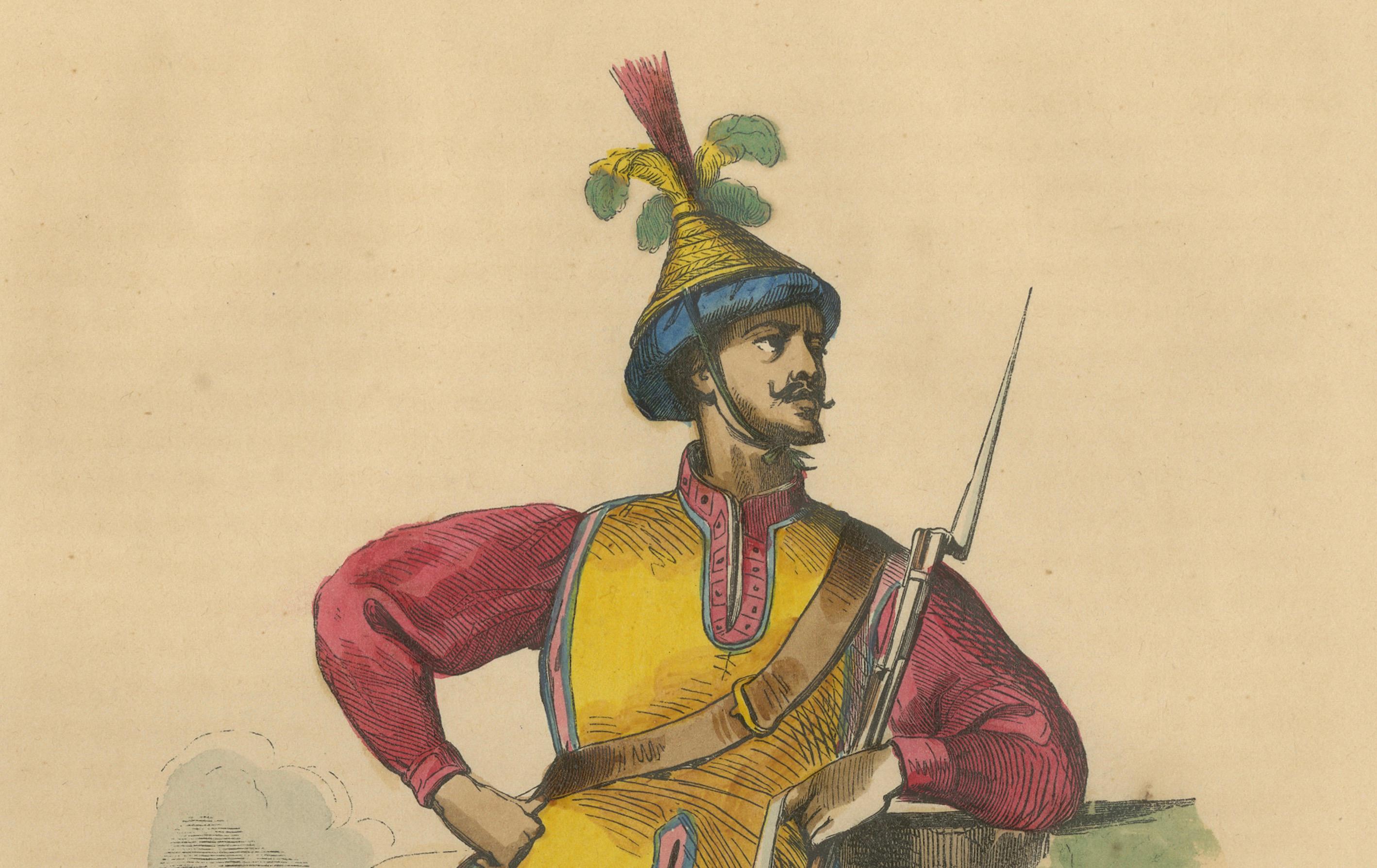 Milieu du XIXe siècle Remarquable lithographie d'un soldat de Cochin du 19e siècle par Auguste Wahlen en vente