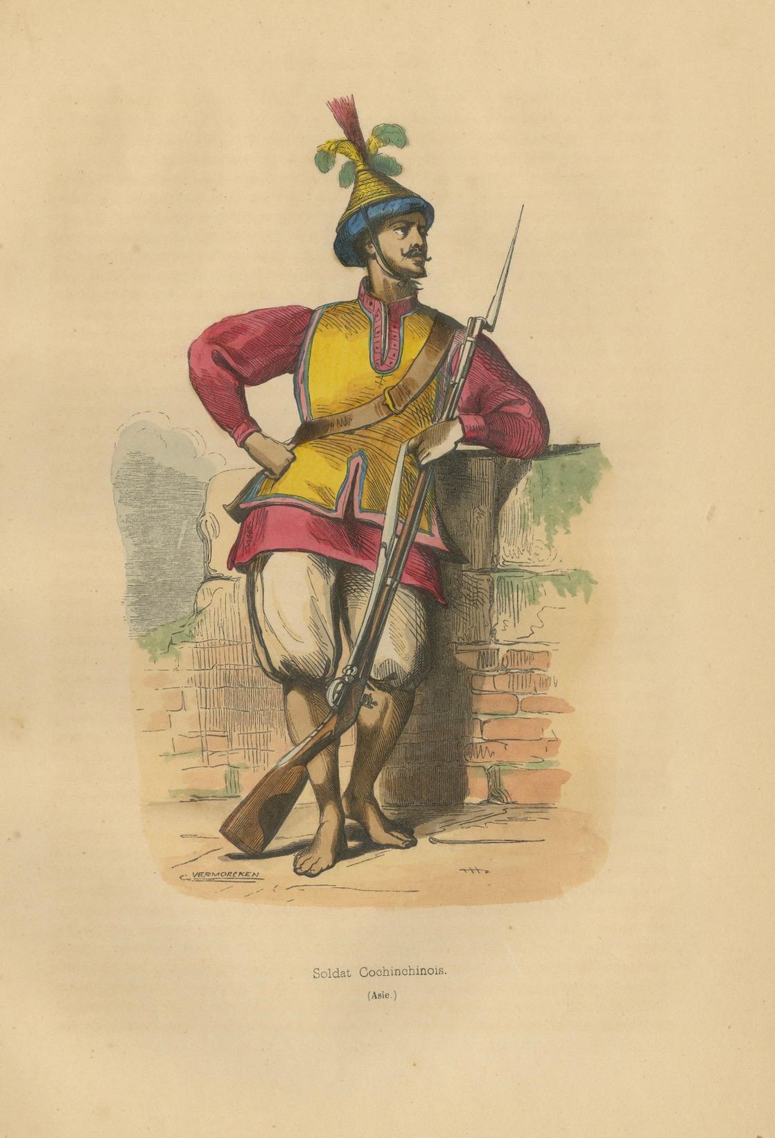 Papier Remarquable lithographie d'un soldat de Cochin du 19e siècle par Auguste Wahlen en vente