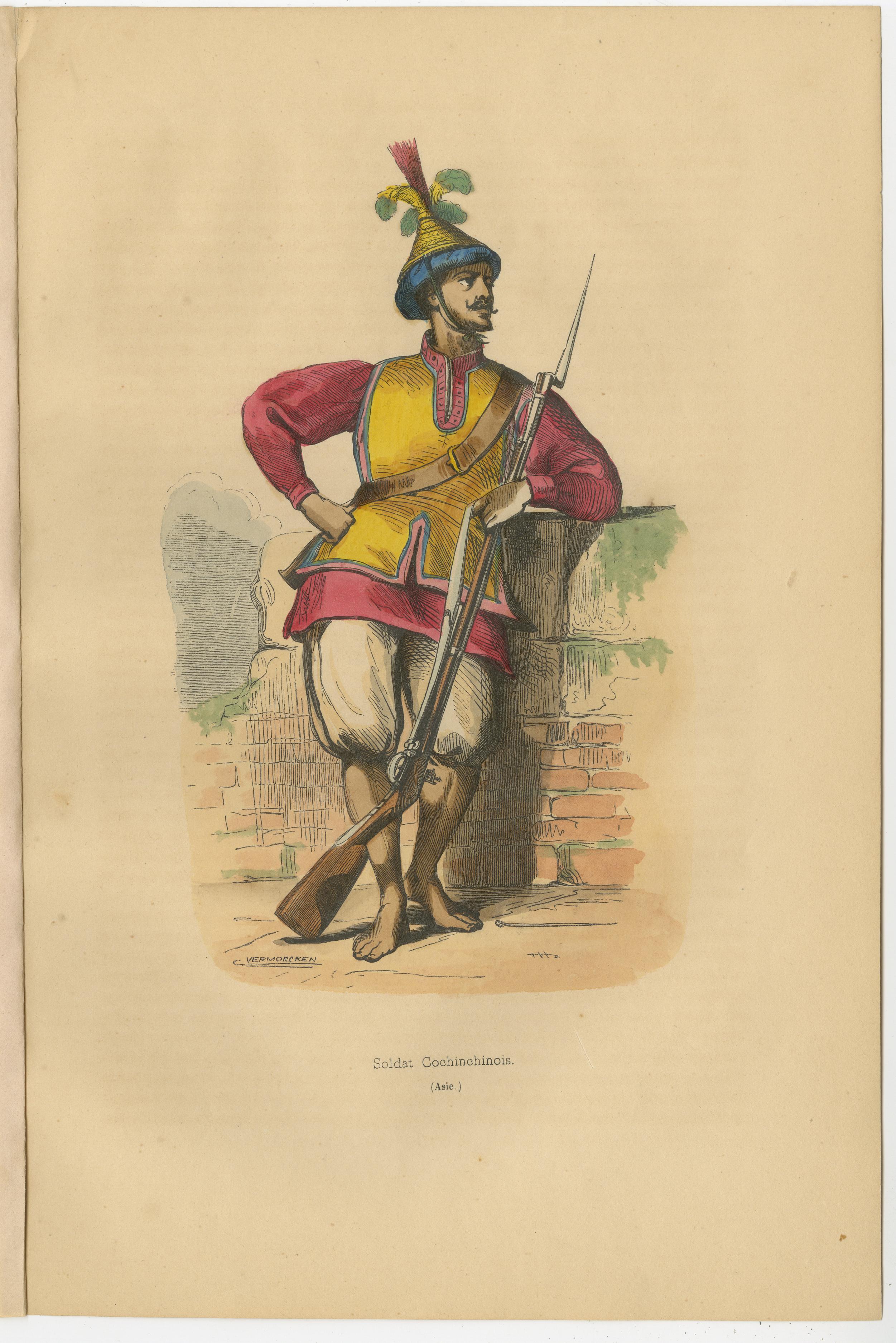 Remarquable lithographie d'un soldat de Cochin du 19e siècle par Auguste Wahlen en vente 1