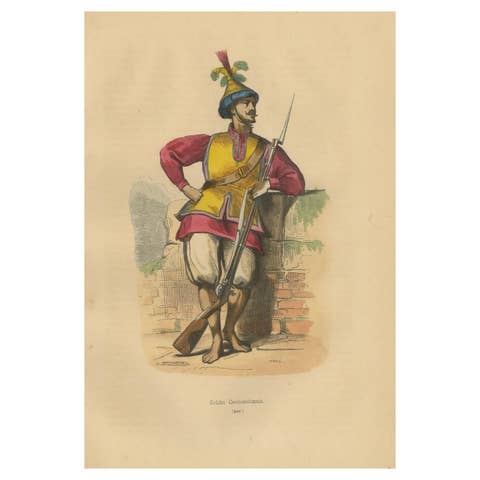 Striking 19th-Century Lithograph of a Cochin Soldier by Auguste Wahlen