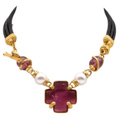 Vintage Striking  22 Karat Gold Pink Tourmaline South Sea Pearl Cross Necklace