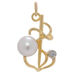 Striking 5.45MM Akoya Pearl & 0.01ct Natural Diamond 18K Yellow Gold Anchor Pend