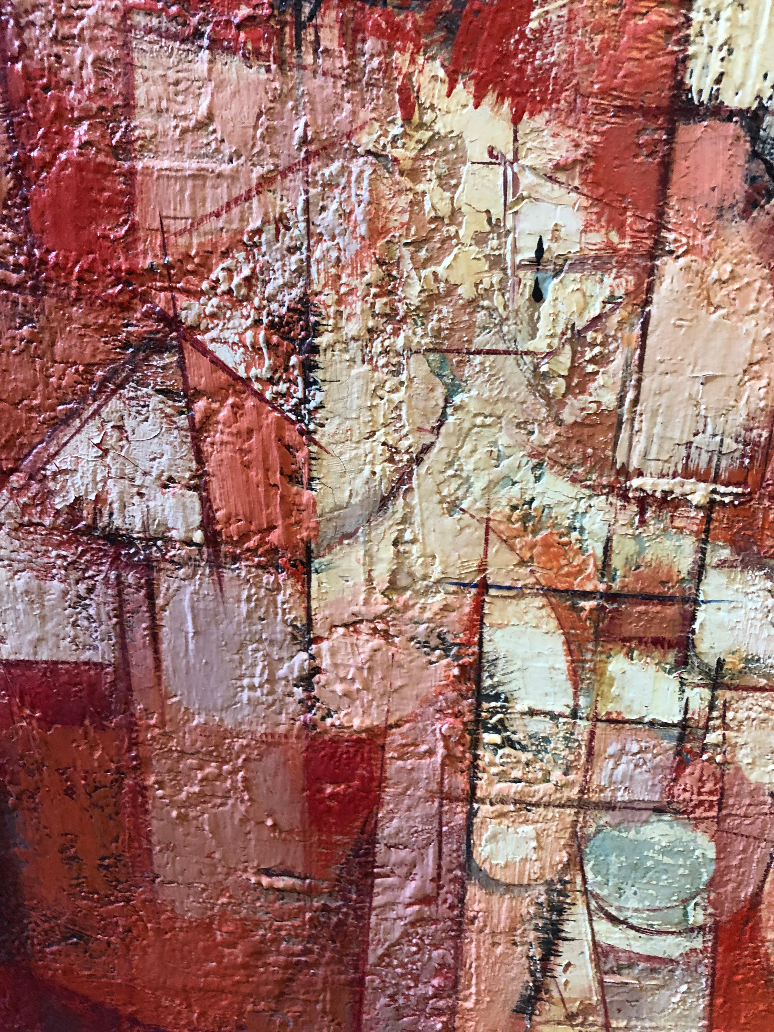 Llamativo y potente abstracto en rojo, rosa y negro, firmado abajo a la derecha, Foster.