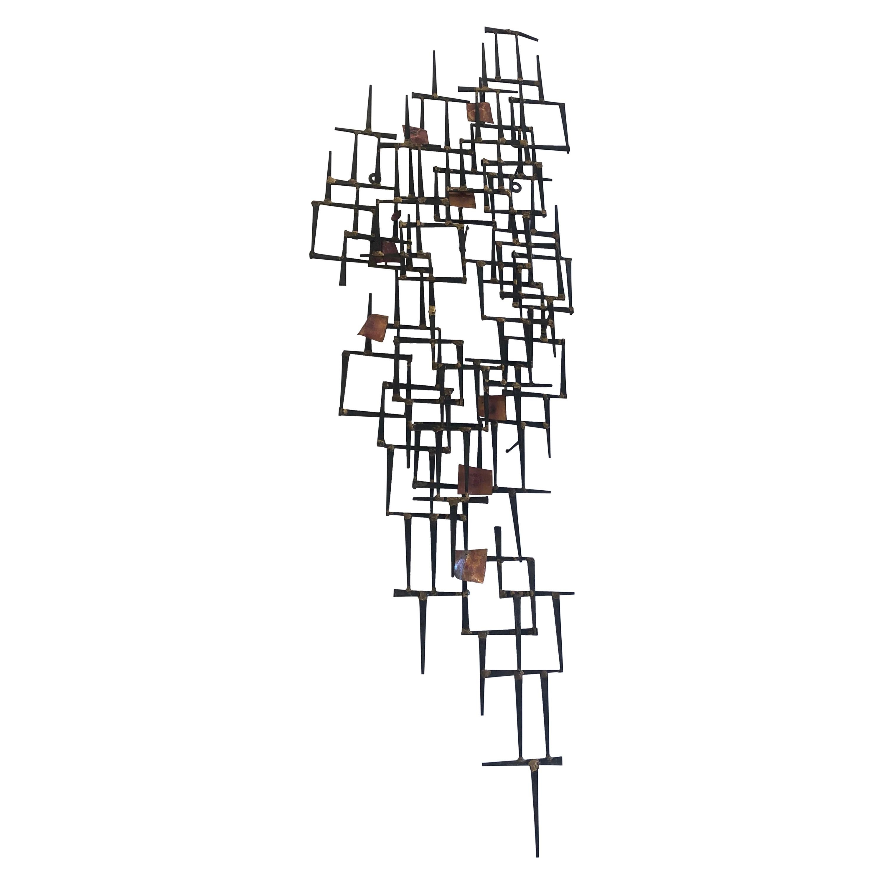 Striking Abstract Iron and Copper Wall Sculpture with MidCentury