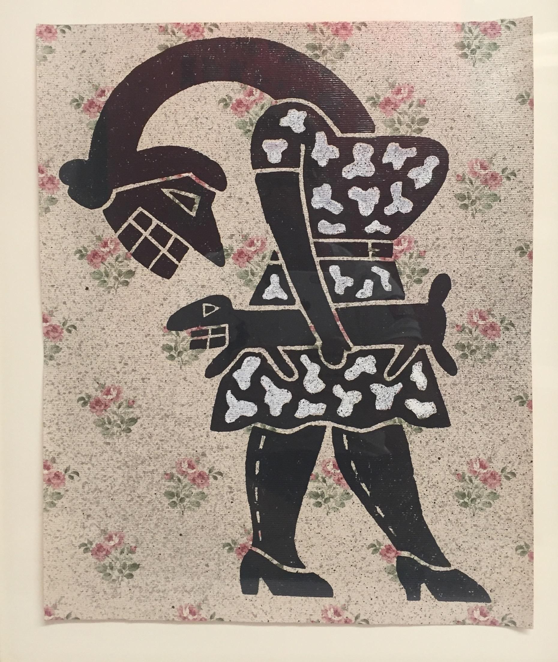 Keith Haring-esque abstract woodblock on vintage French wallpaper, where the subject is a buxom woman holding a handbag in the shape of a weiner dog. Custom frame, print itself is 17 x 14.
Unsigned
From the illustrious collection of Tim Hunt &