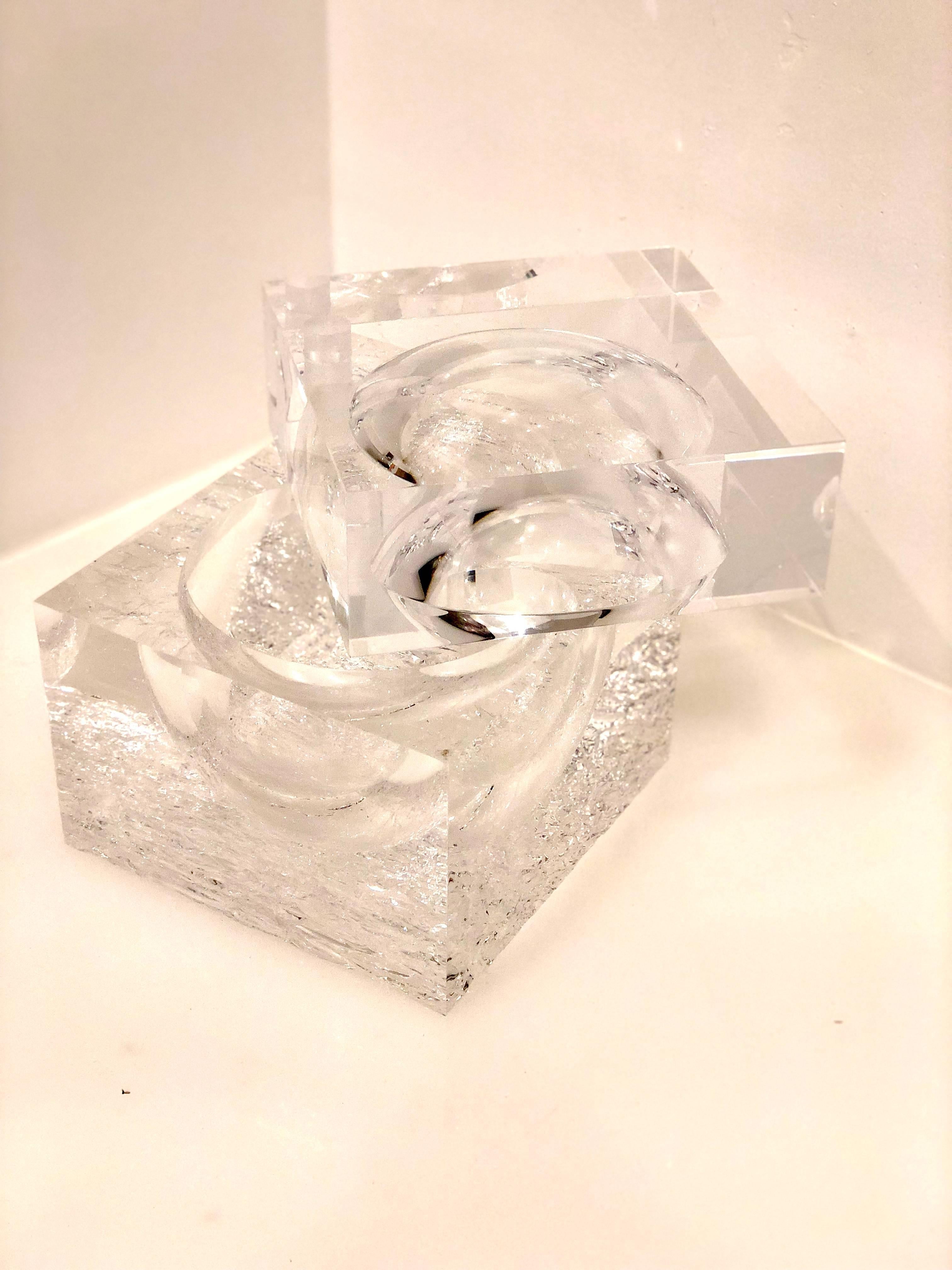 Space Age Striking Alessandro Albrizzi Ice Bucket in Solid Lucite Brutalist Bottom Base