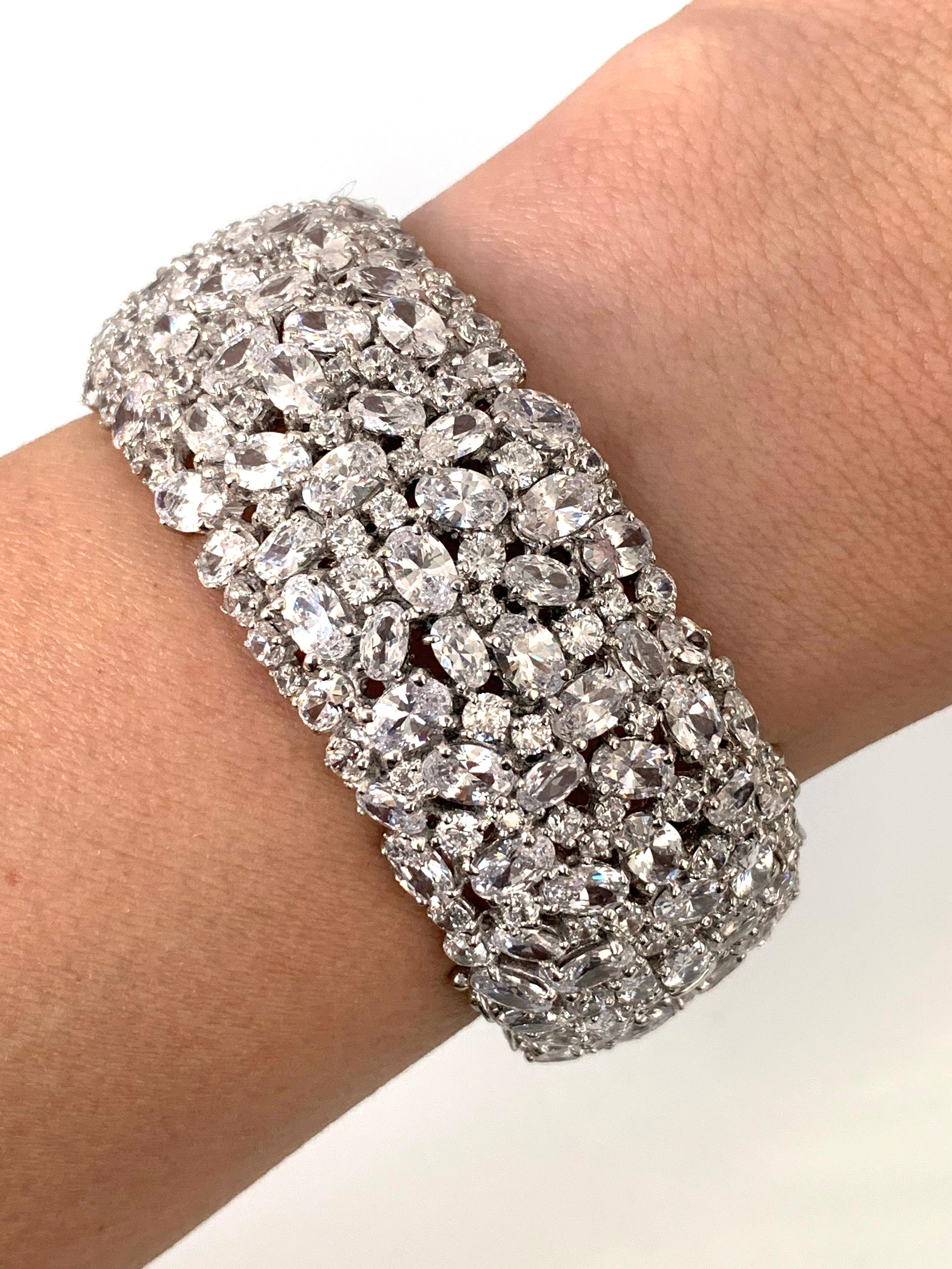 Striking All-around Encrusted Cubic Zirconia Sterling Silver Cuff Bracelet
