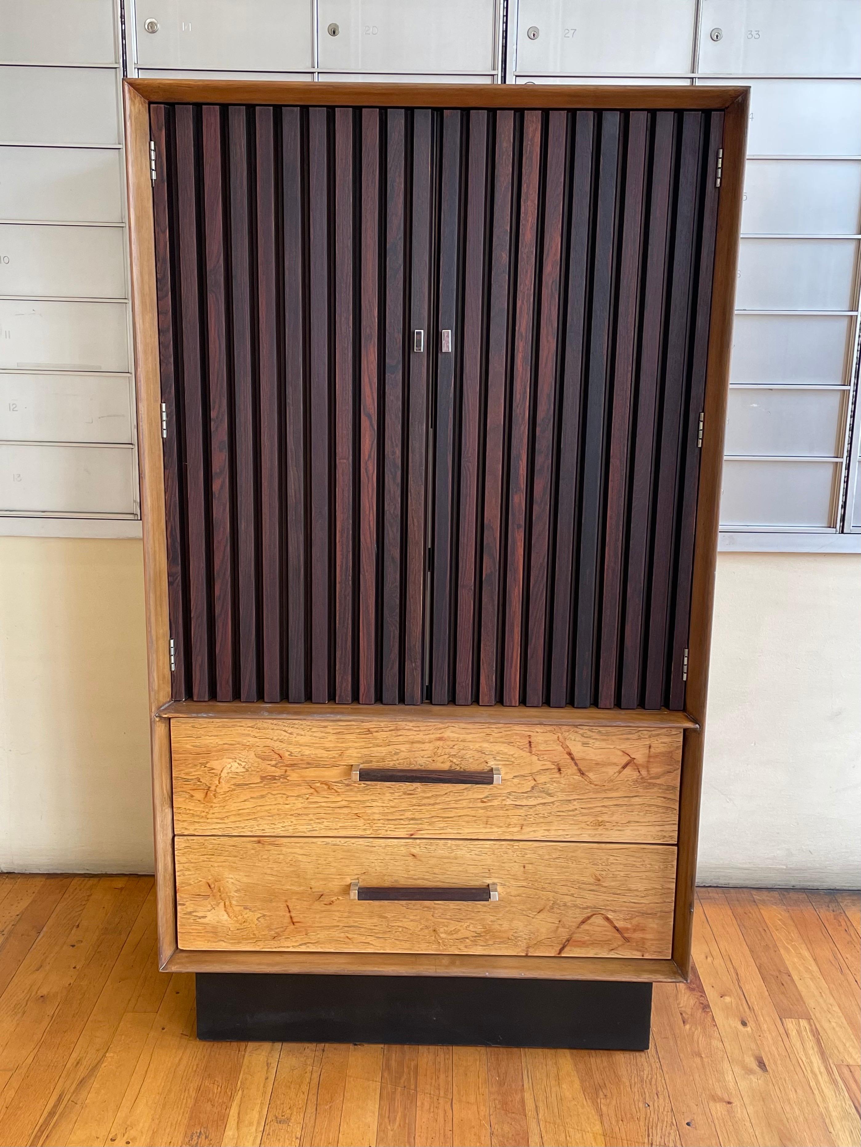 Rosewood Striking American Mid-Century Modern Tallboy Dresser/Mini Bar Cabinet