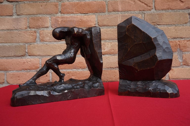 Striking and Hand Carved Art Deco Athletic Nude Male and Rock Sculpture Bookends For Sale 7