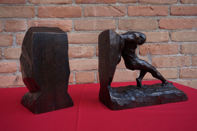 European Striking and Hand Carved Art Deco Athletic Nude Male and Rock Sculpture Bookends For Sale