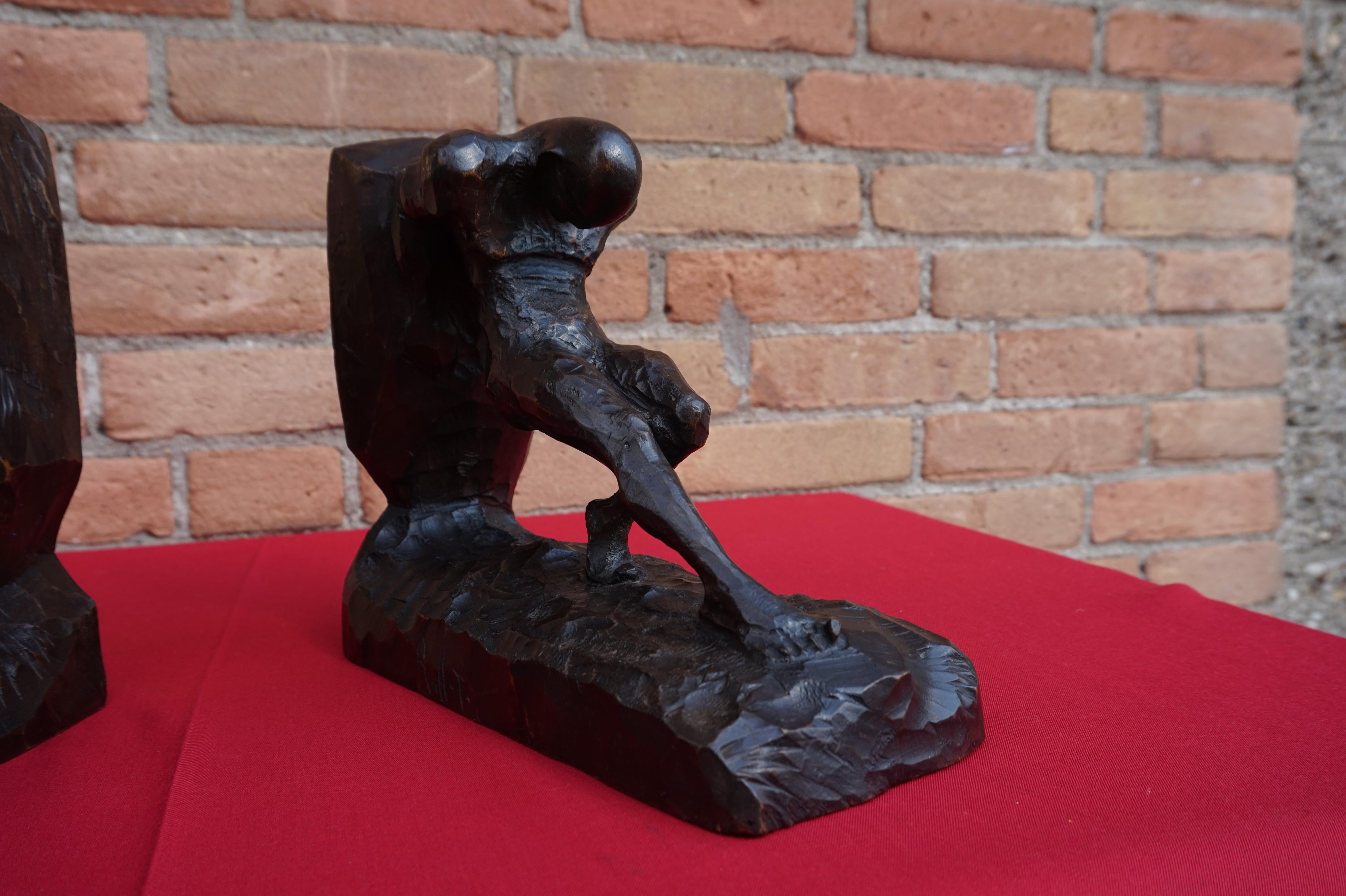 Hand-Carved Striking and Hand Carved Art Deco Athletic Nude Male and Rock Sculpture Bookends