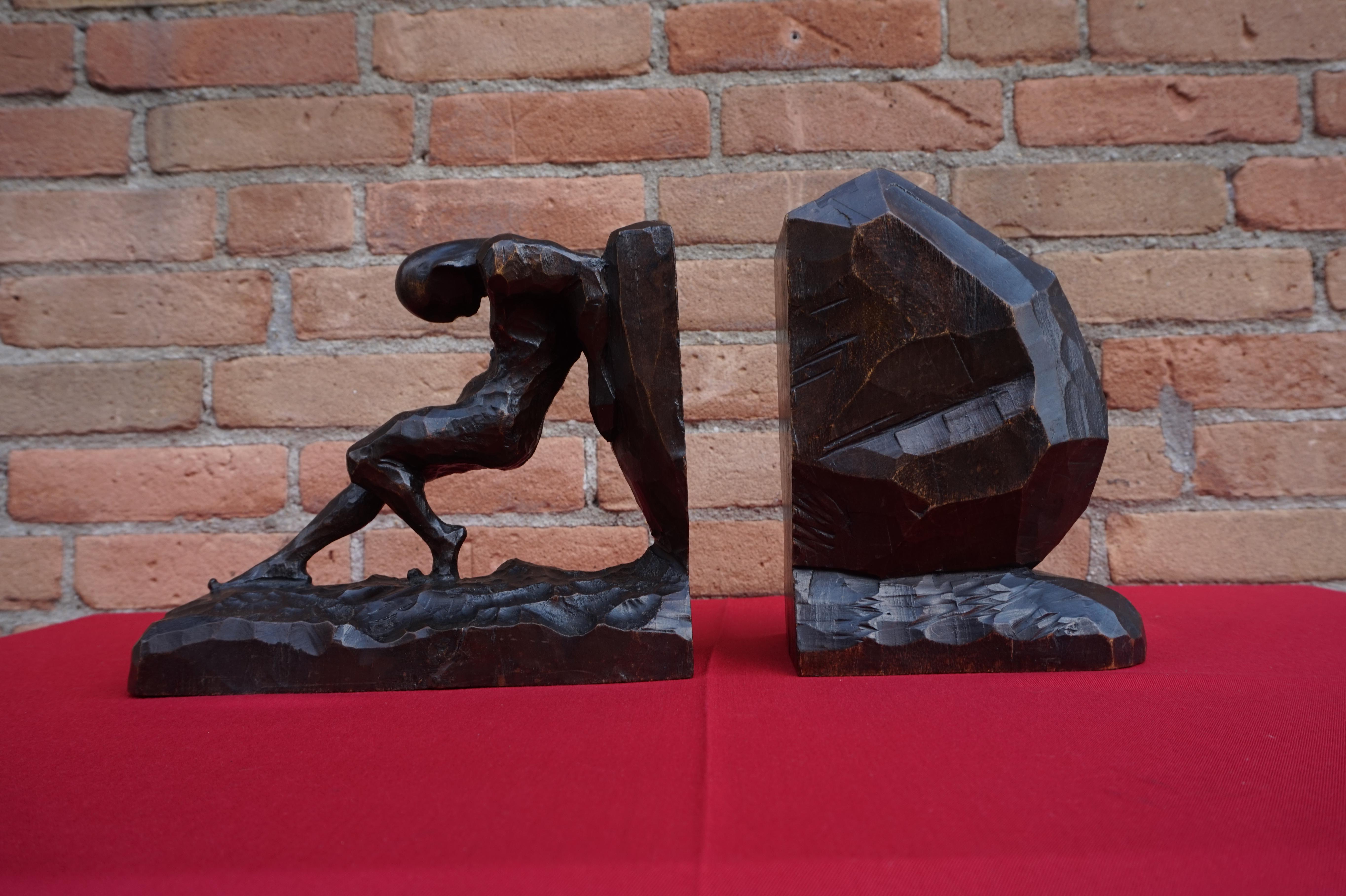 Wood Striking and Hand Carved Art Deco Athletic Nude Male and Rock Sculpture Bookends