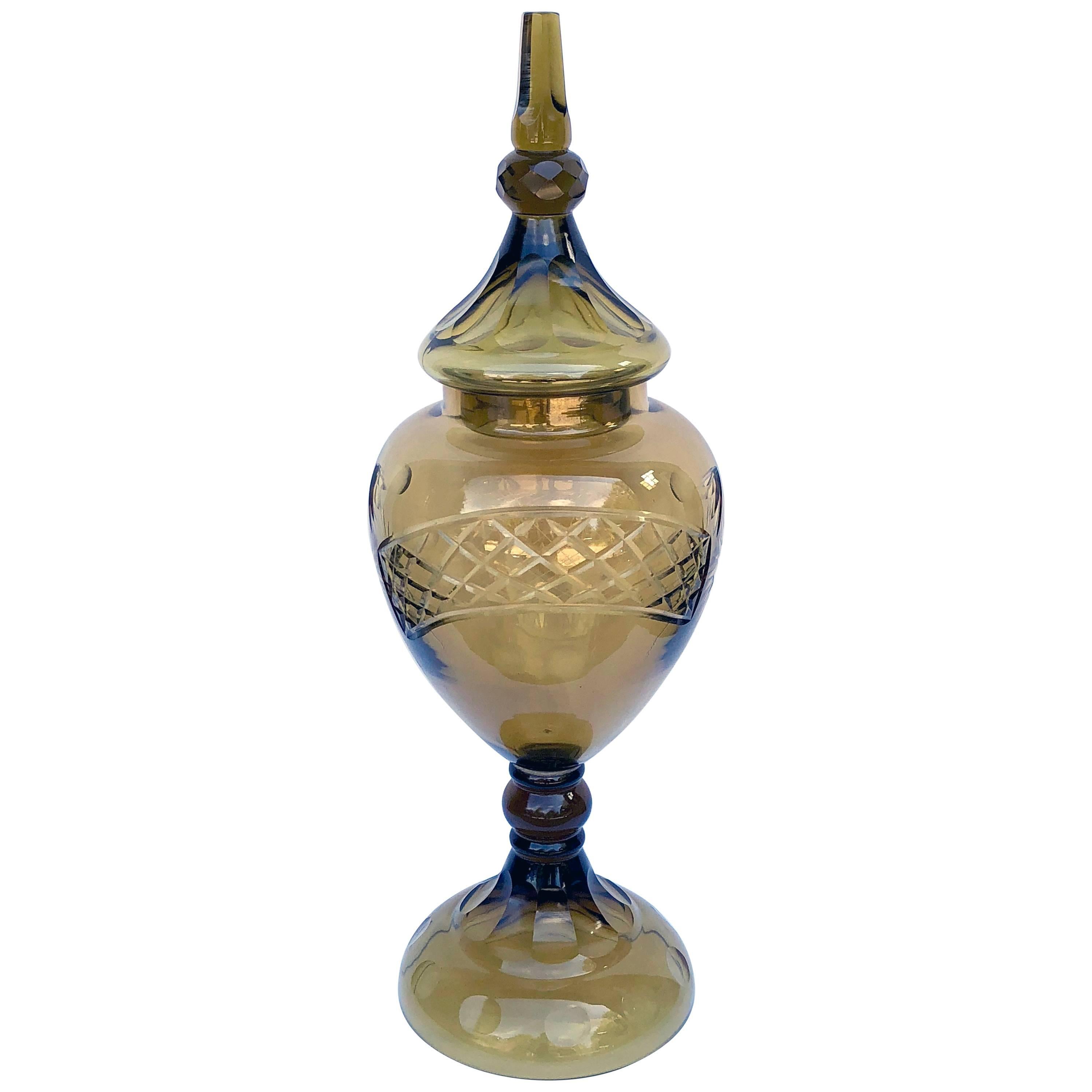 Striking and Large Bohemian Russet-Colored Glass Covered Urn