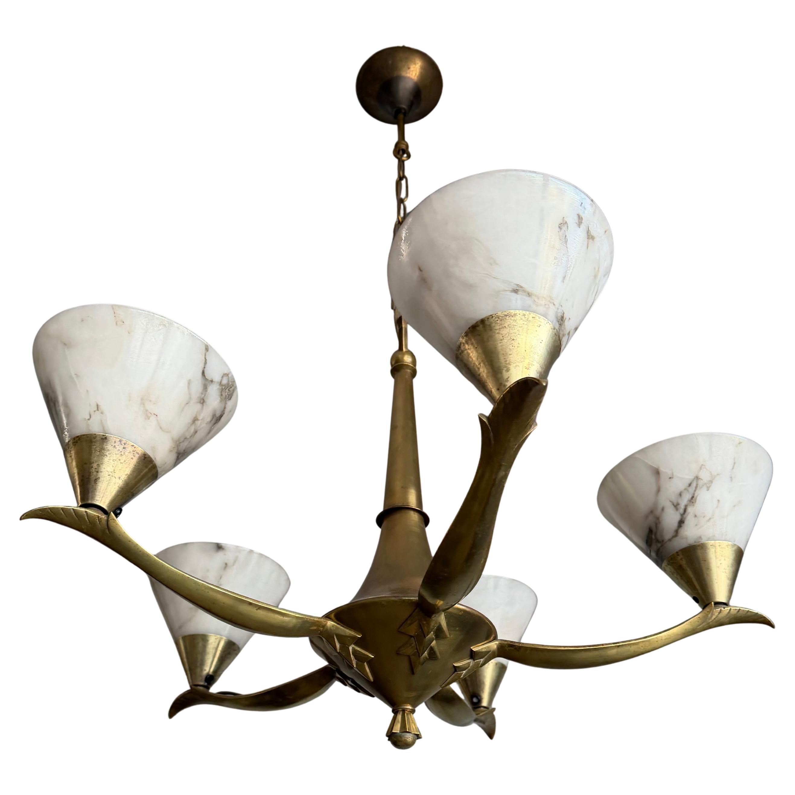 Striking and Sculptural Art Deco Chandelier with Zigzag Motif 
Alabaster Shades For Sale