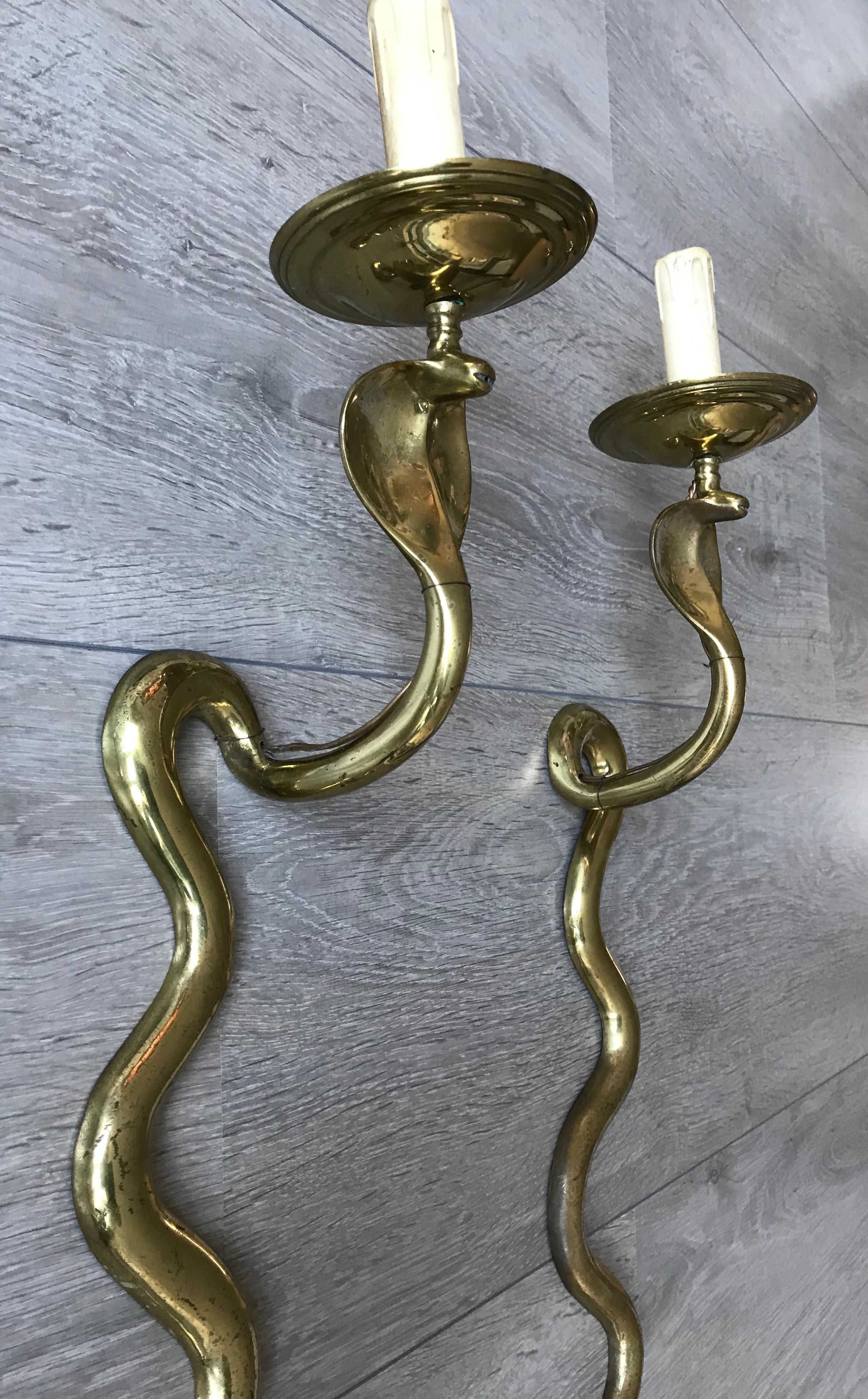 Hand-Crafted Striking and Stylish Midcentury Pair of Hollywood Regency Cobra / Snake Sconces