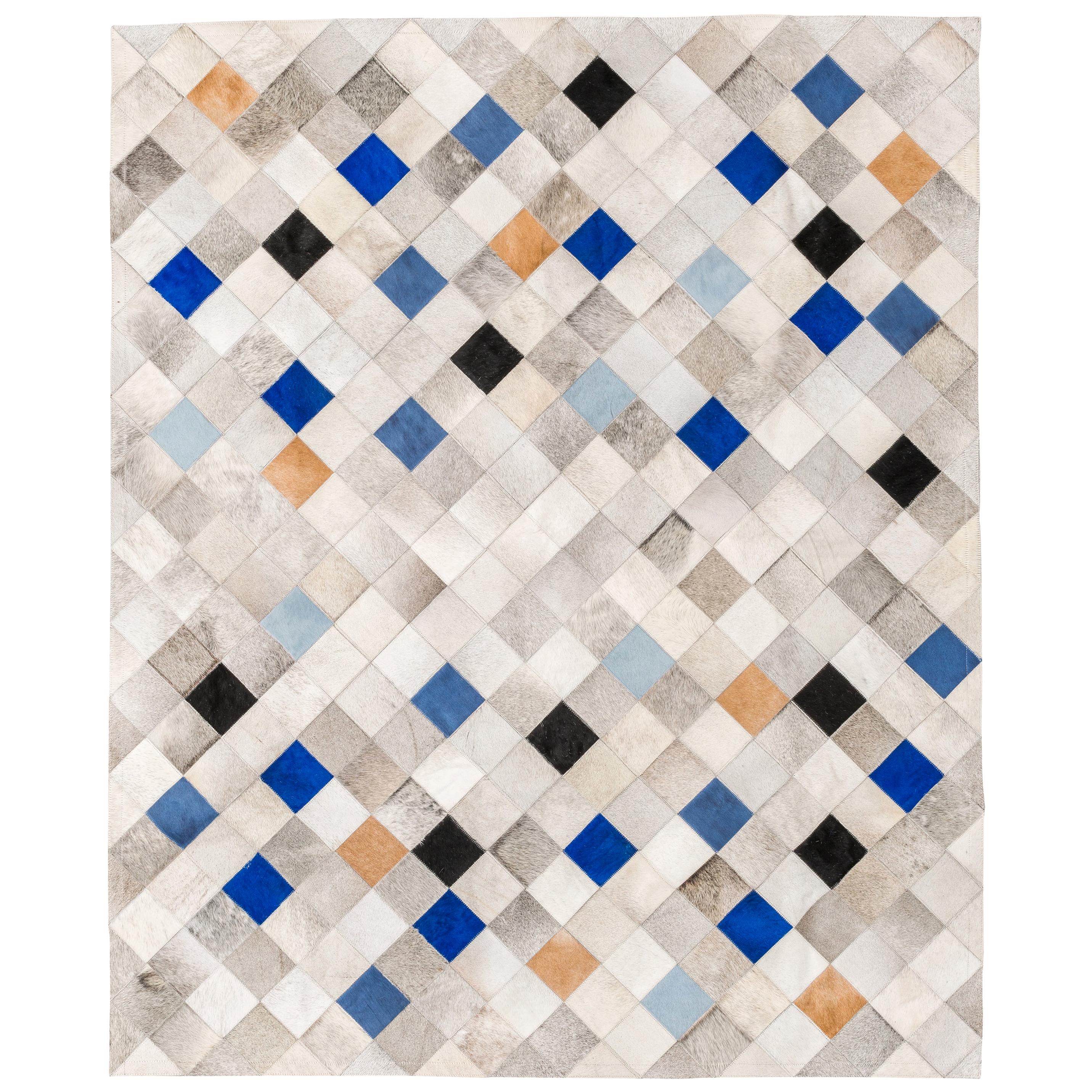 Striking and Unique Falling Squares Blue Cowhide Area Floor Rug Small For Sale