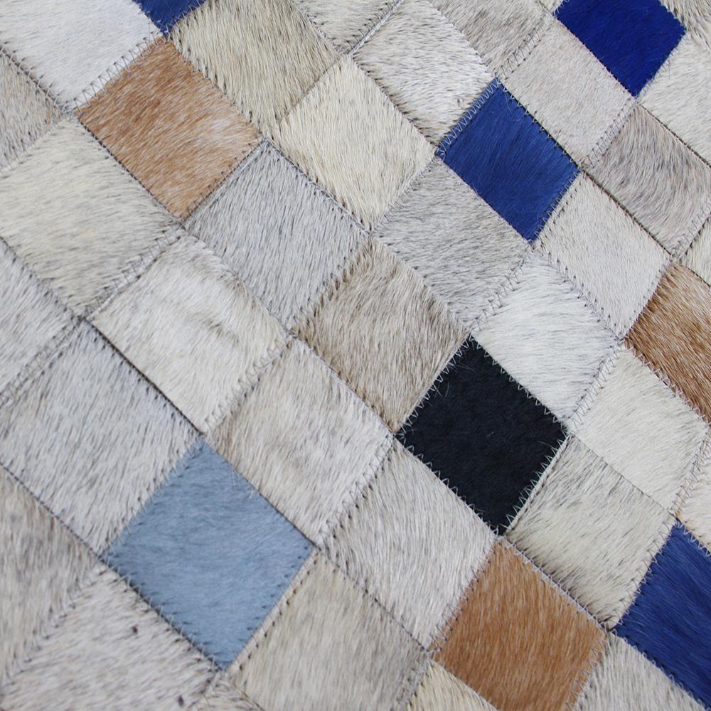 Machine-Made Gray, Blue and Caramel Falling Squares Cowhide Area Floor Rug Large For Sale